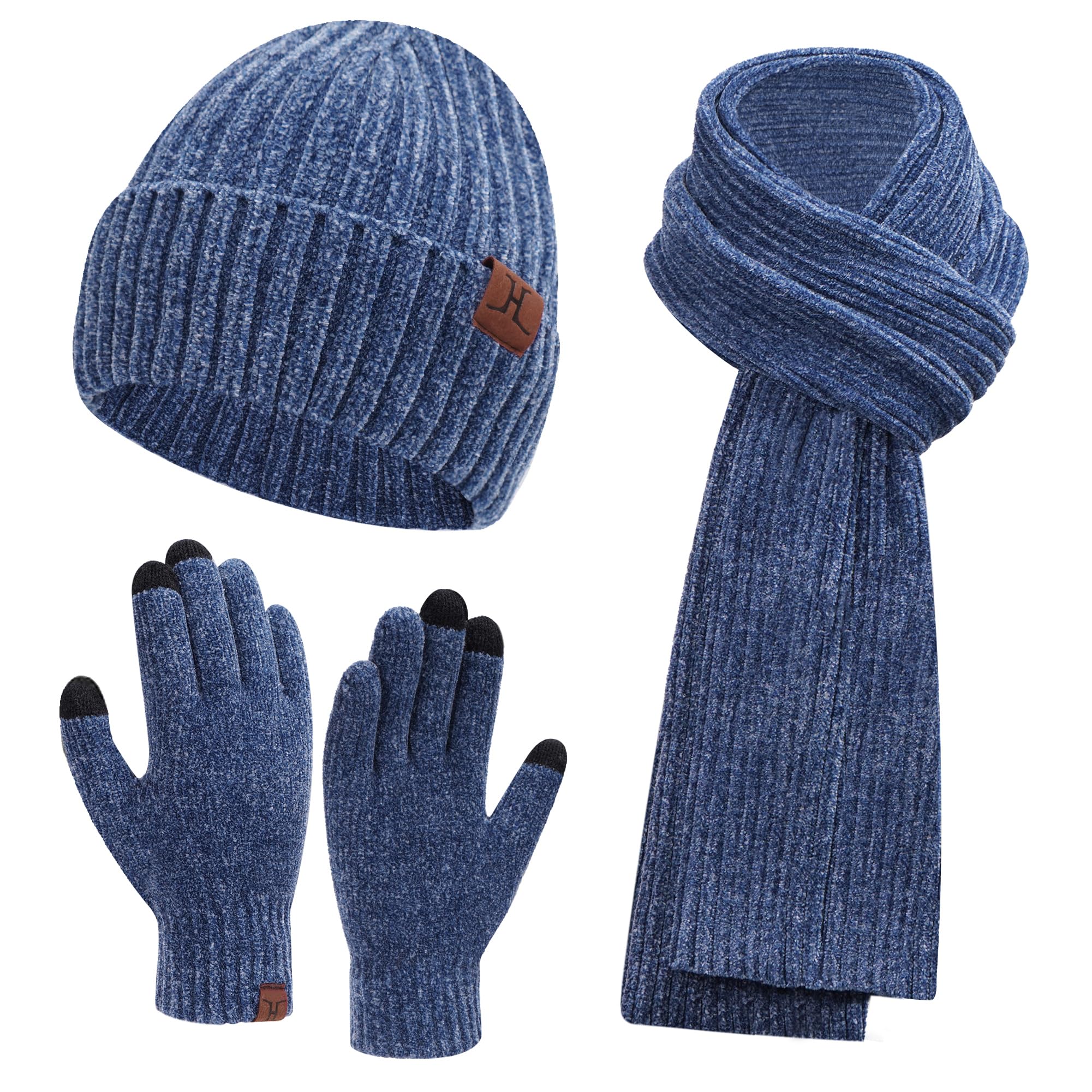 Womens Winter Knit Warm Hat Beanie Long Scarf Touch Screen Gloves Set Skull Caps Neck Scarves for Wo