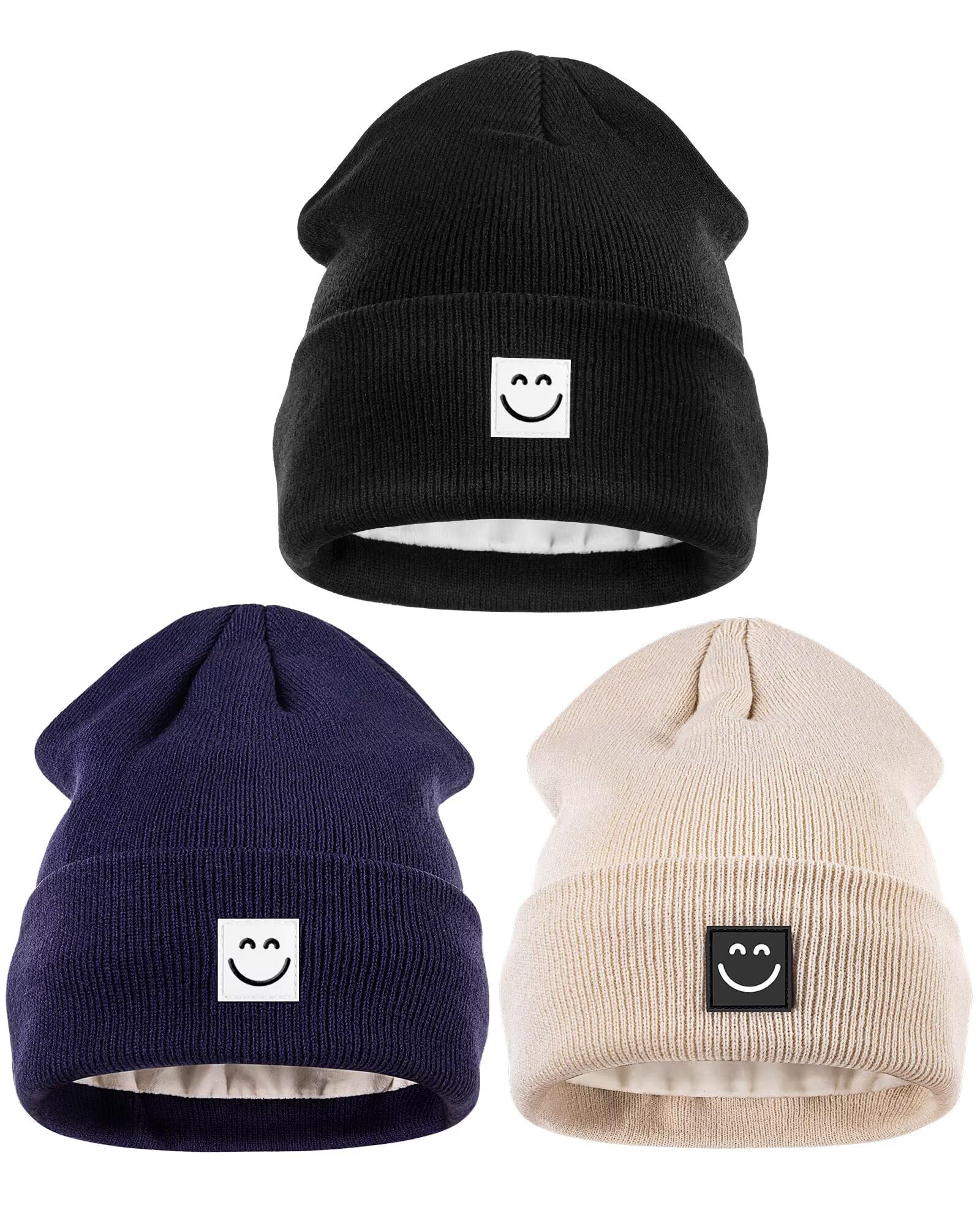 Women and Men Winter Cap Without Brim, 3-piece Set, Wool Inner Liner, Women's Winter Hat with Happy Face, Warm and Cute Cap Without Brim, Suitable for Cold Weather