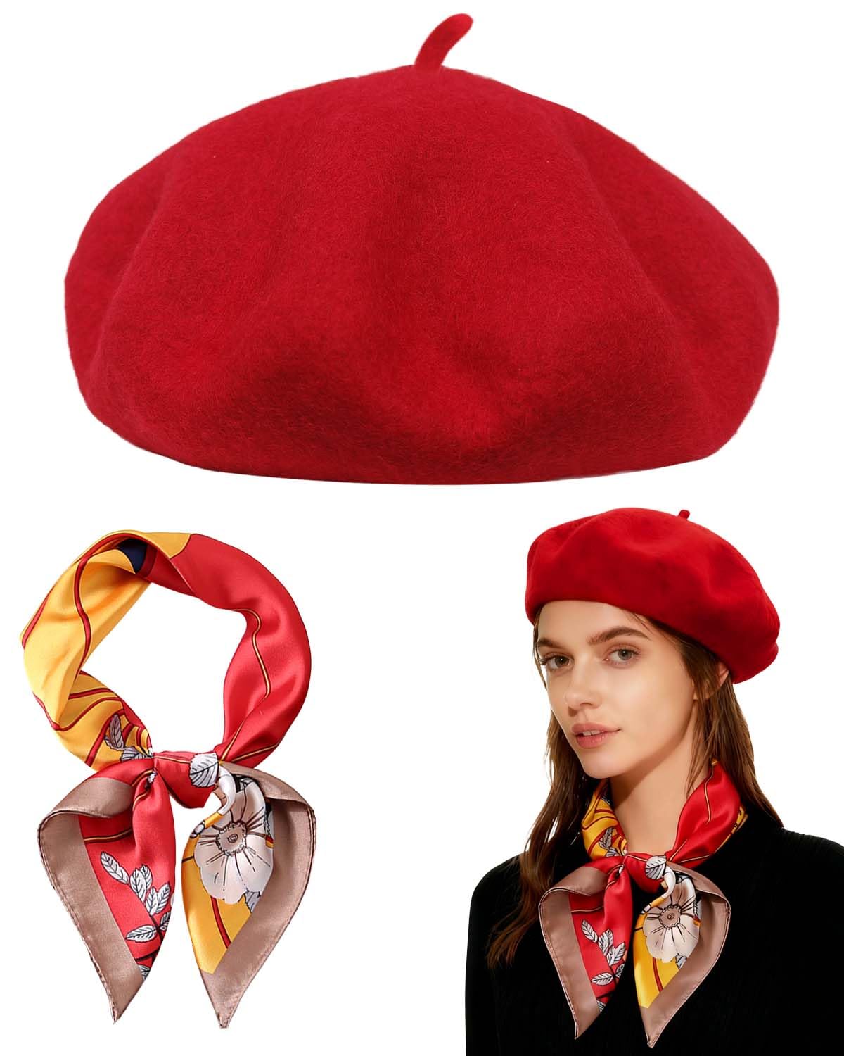 Wool Beret Hats,Solid Color French Women Winter Beanie Cap with Silky Scarf