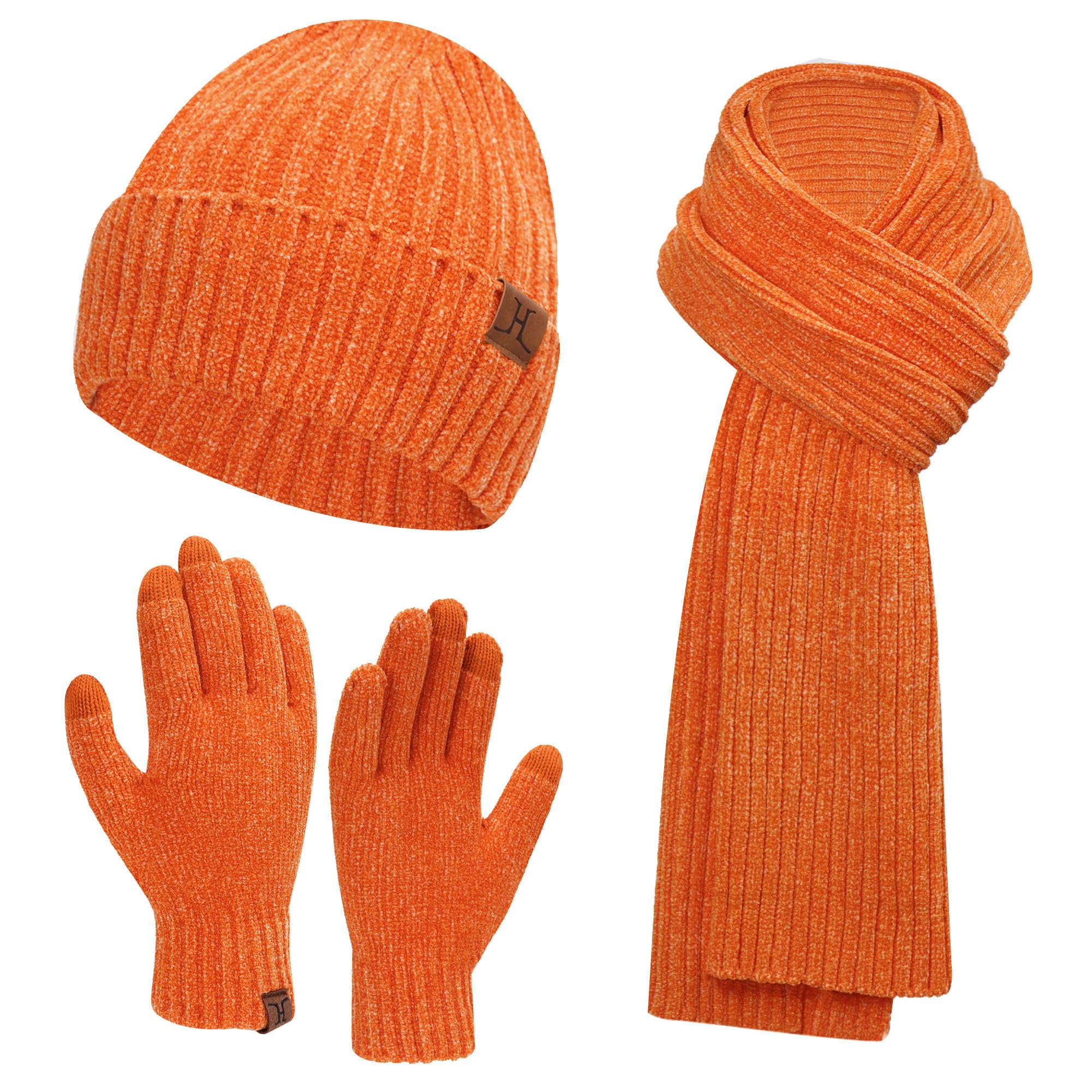 Womens Winter Knit Warm Hat Beanie Long Scarf Touch Screen Gloves Set Skull Caps Neck Scarves for Wo