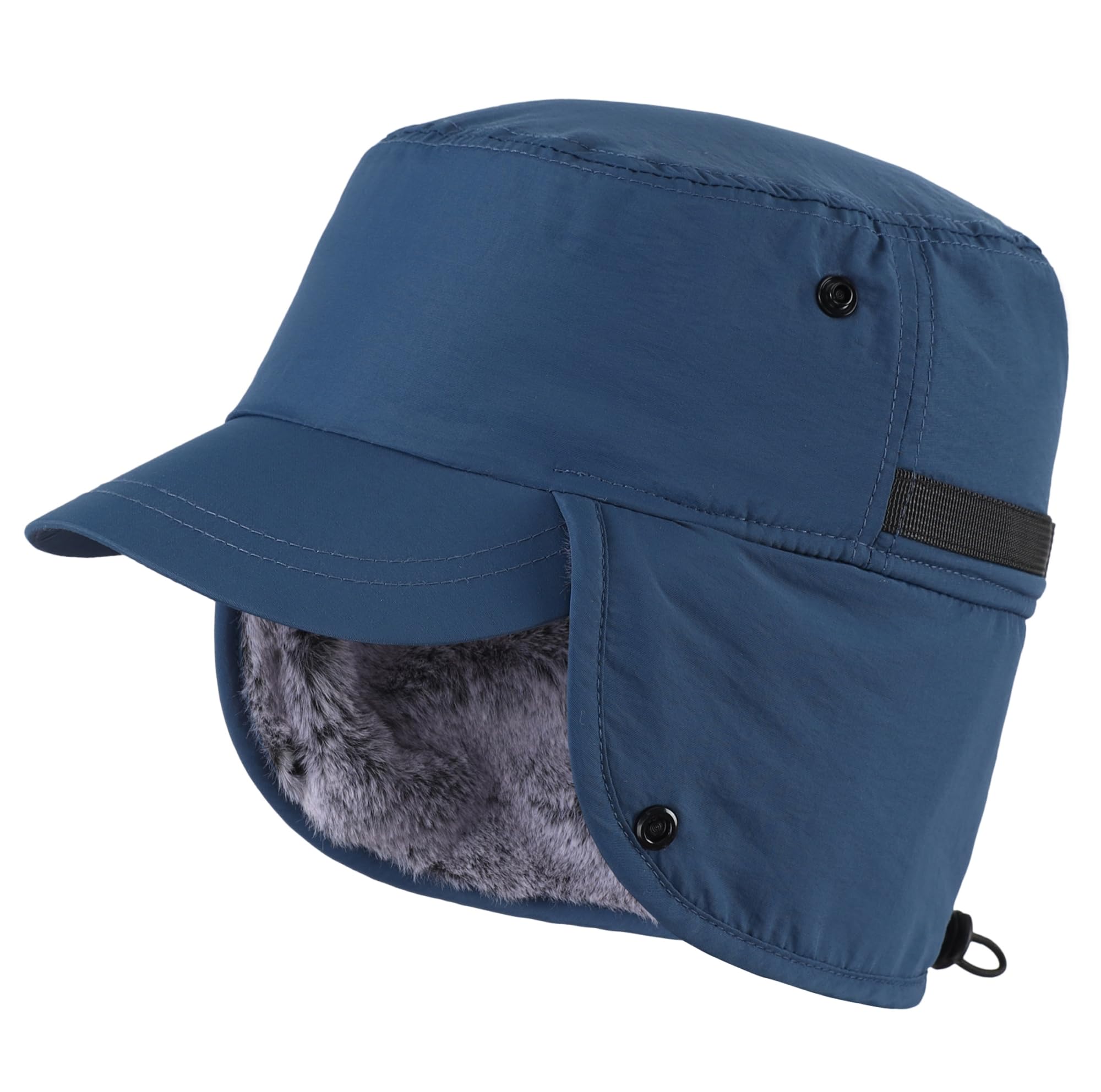 Men's winter cap with visor, warm earmuffs hat, fully lined faux fur baseball cap, catcher hunting cap