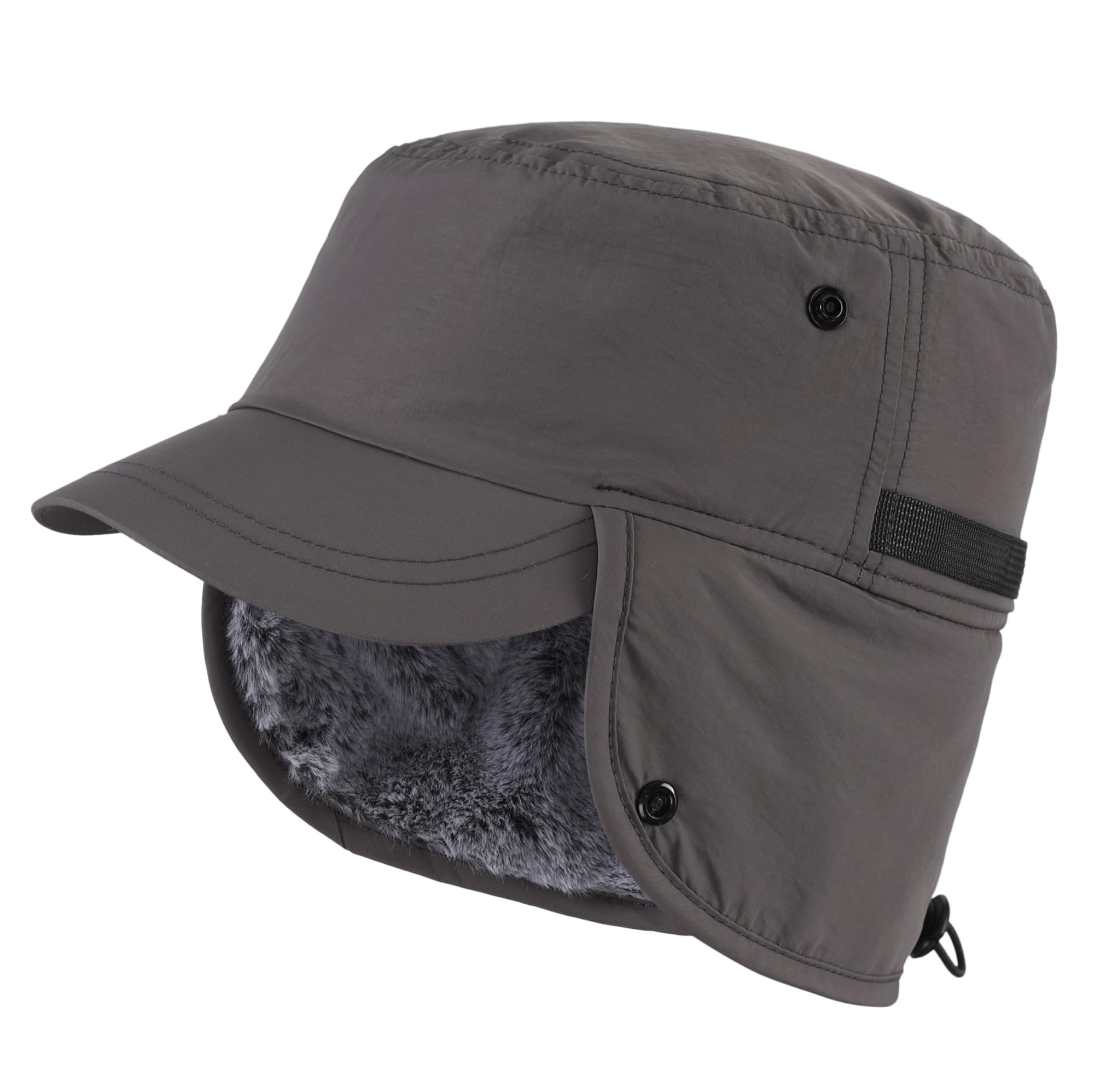 Men's winter cap with visor, warm earmuffs hat, fully lined faux fur baseball cap, catcher hunting cap