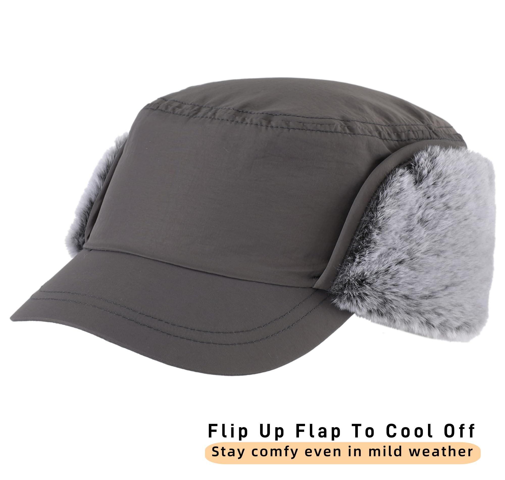 Men's winter cap with visor, warm earmuffs hat, fully lined faux fur baseball cap, catcher hunting cap