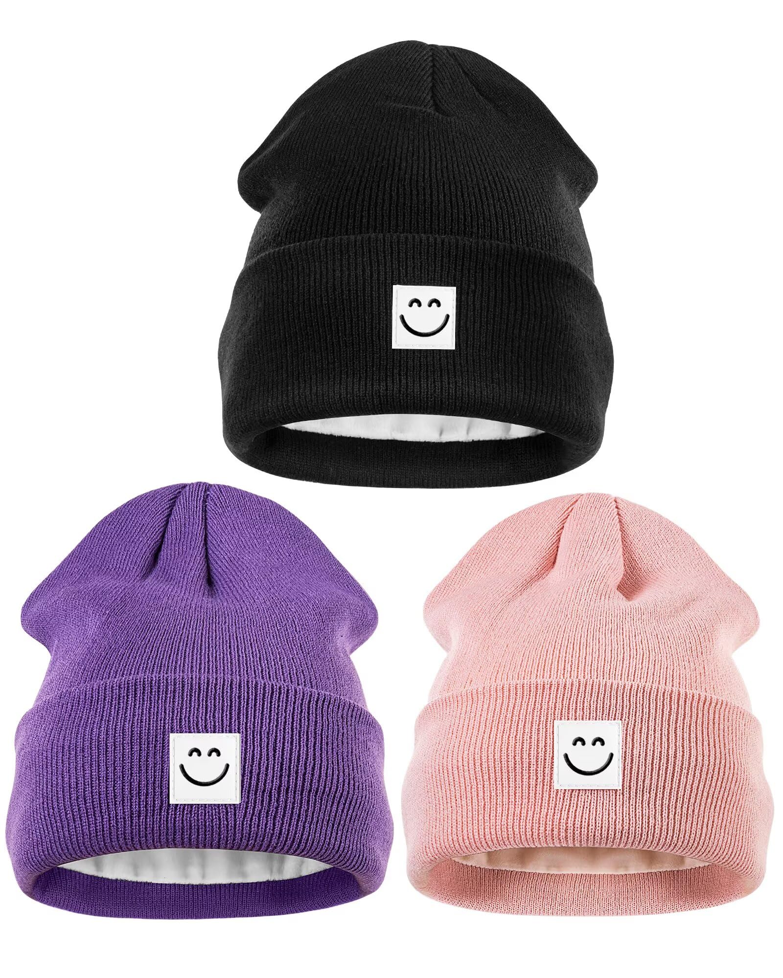 Women and Men Winter Cap Without Brim, 3-piece Set, Wool Inner Liner, Women's Winter Hat with Happy Face, Warm and Cute Cap Without Brim, Suitable for Cold Weather