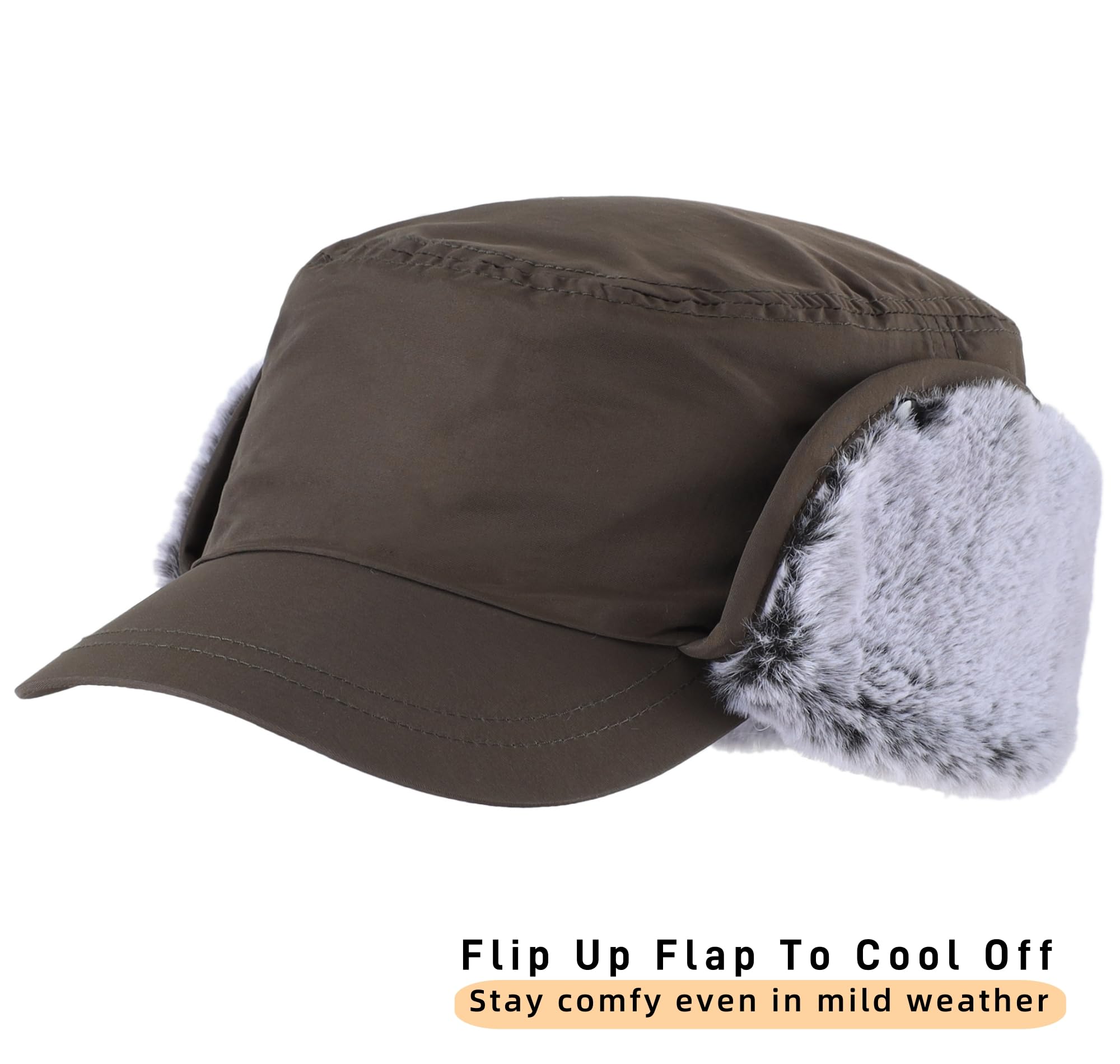 Men's winter cap with visor, warm earmuffs hat, fully lined faux fur baseball cap, catcher hunting cap