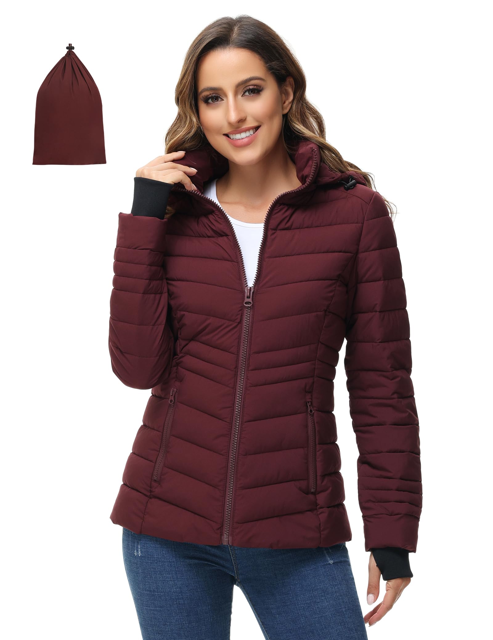 Women's Lightweight Puffer Jacket, Packable Puffer Jacket Quilted Jacket Winter Warm Hooded Puffer Jacket