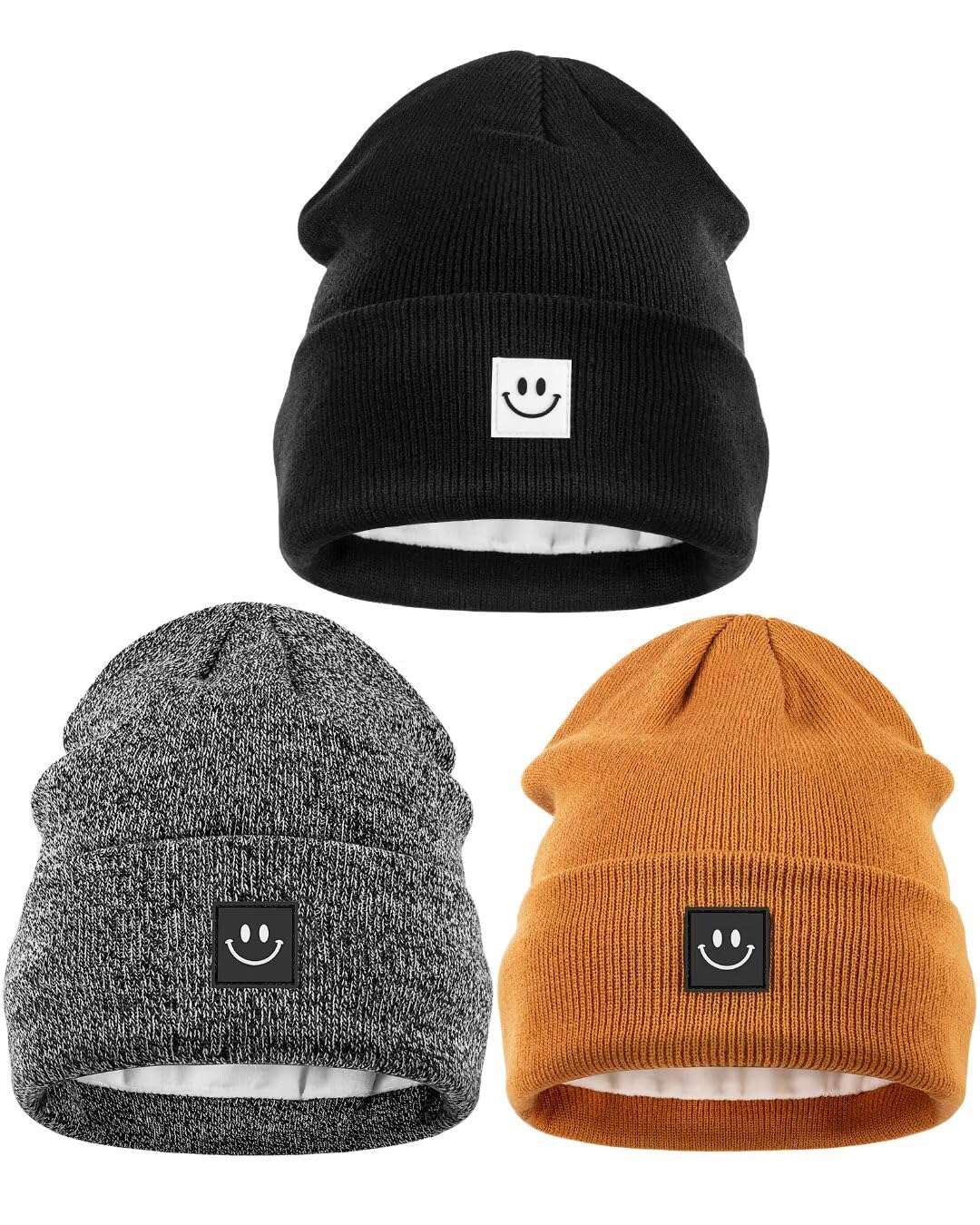 Women and Men Winter Cap Without Brim, 3-piece Set, Wool Inner Liner, Women's Winter Hat with Happy Face, Warm and Cute Cap Without Brim, Suitable for Cold Weather