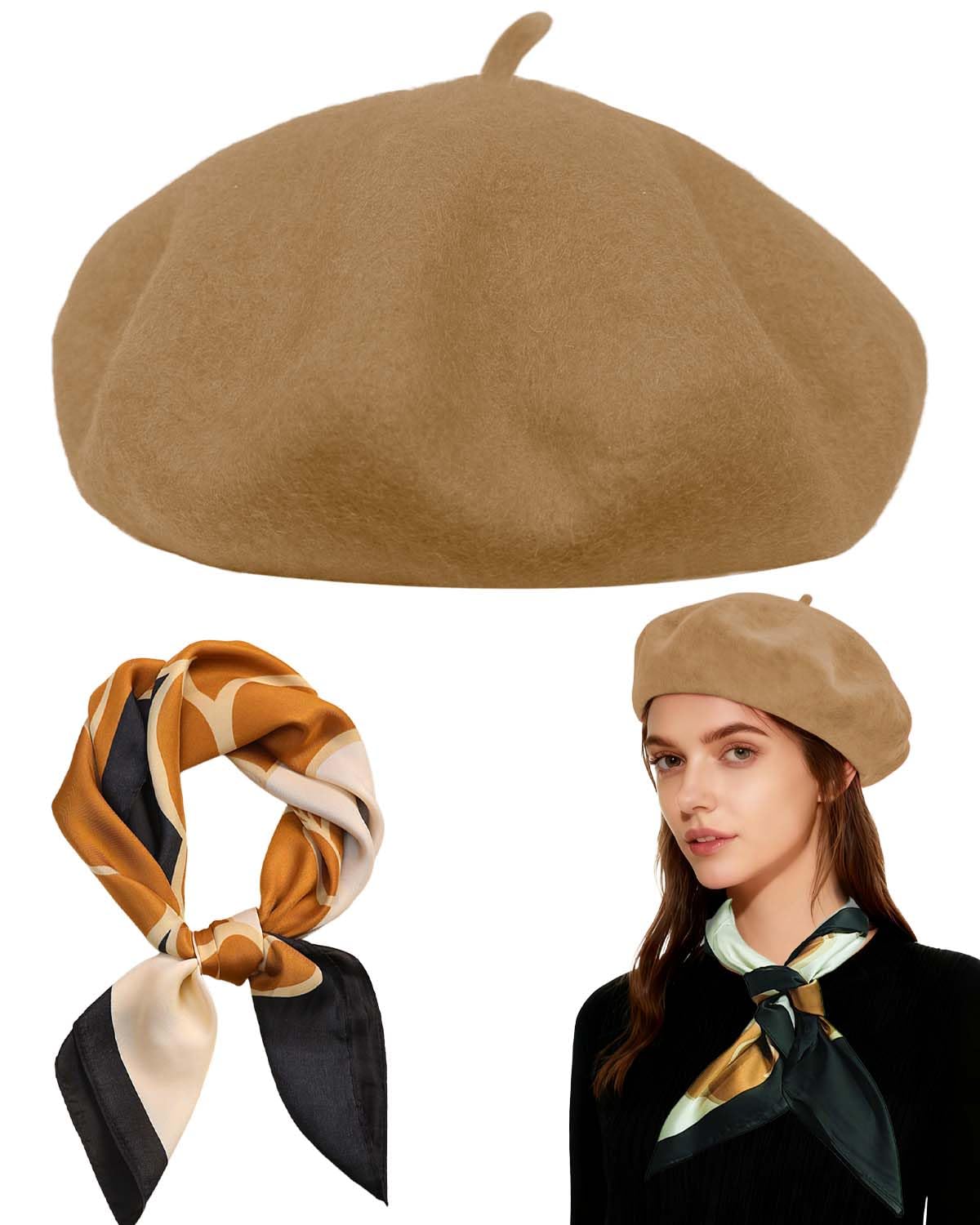 Wool Beret Hats,Solid Color French Women Winter Beanie Cap with Silky Scarf