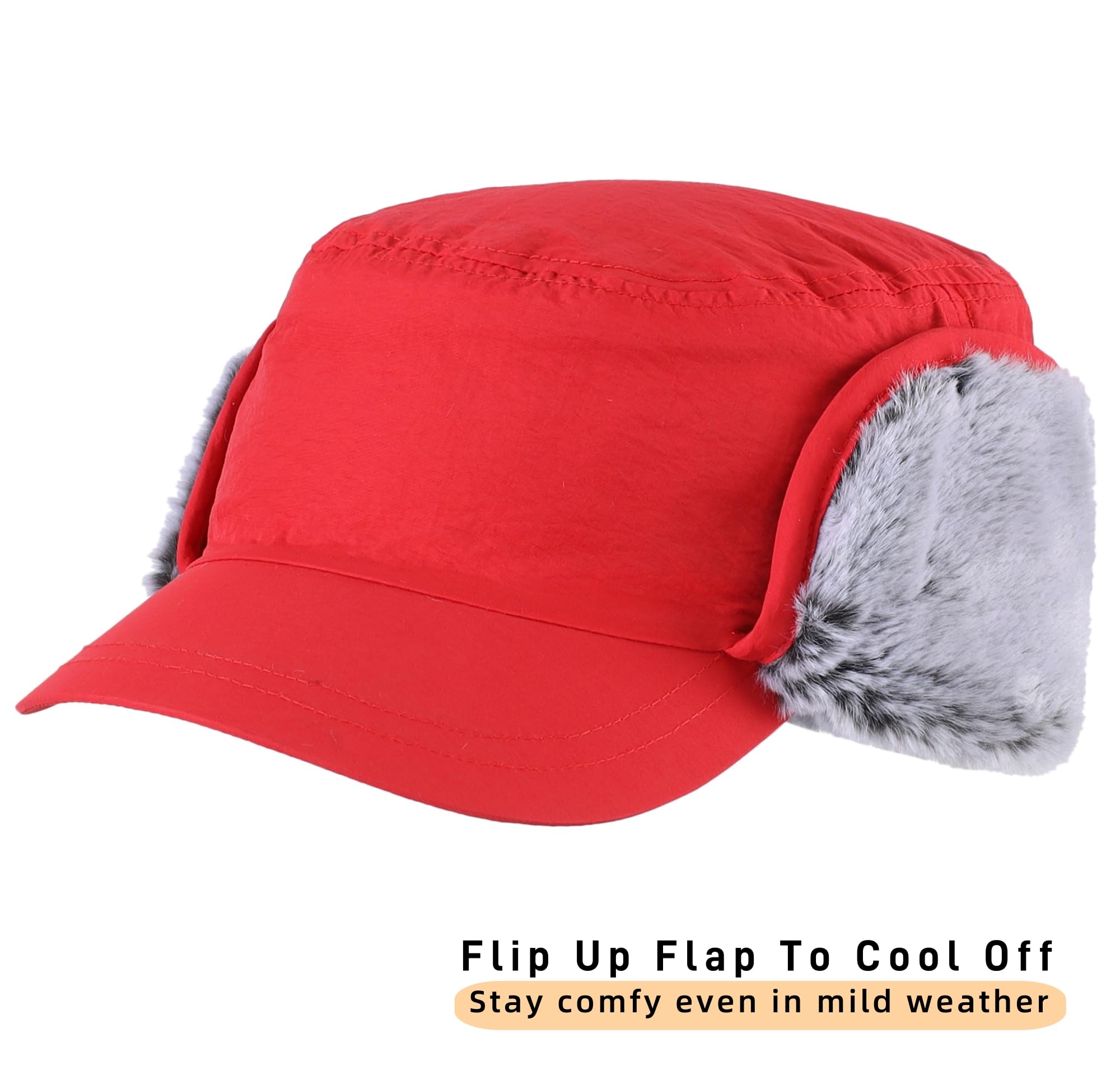 Men's winter cap with visor, warm earmuffs hat, fully lined faux fur baseball cap, catcher hunting cap