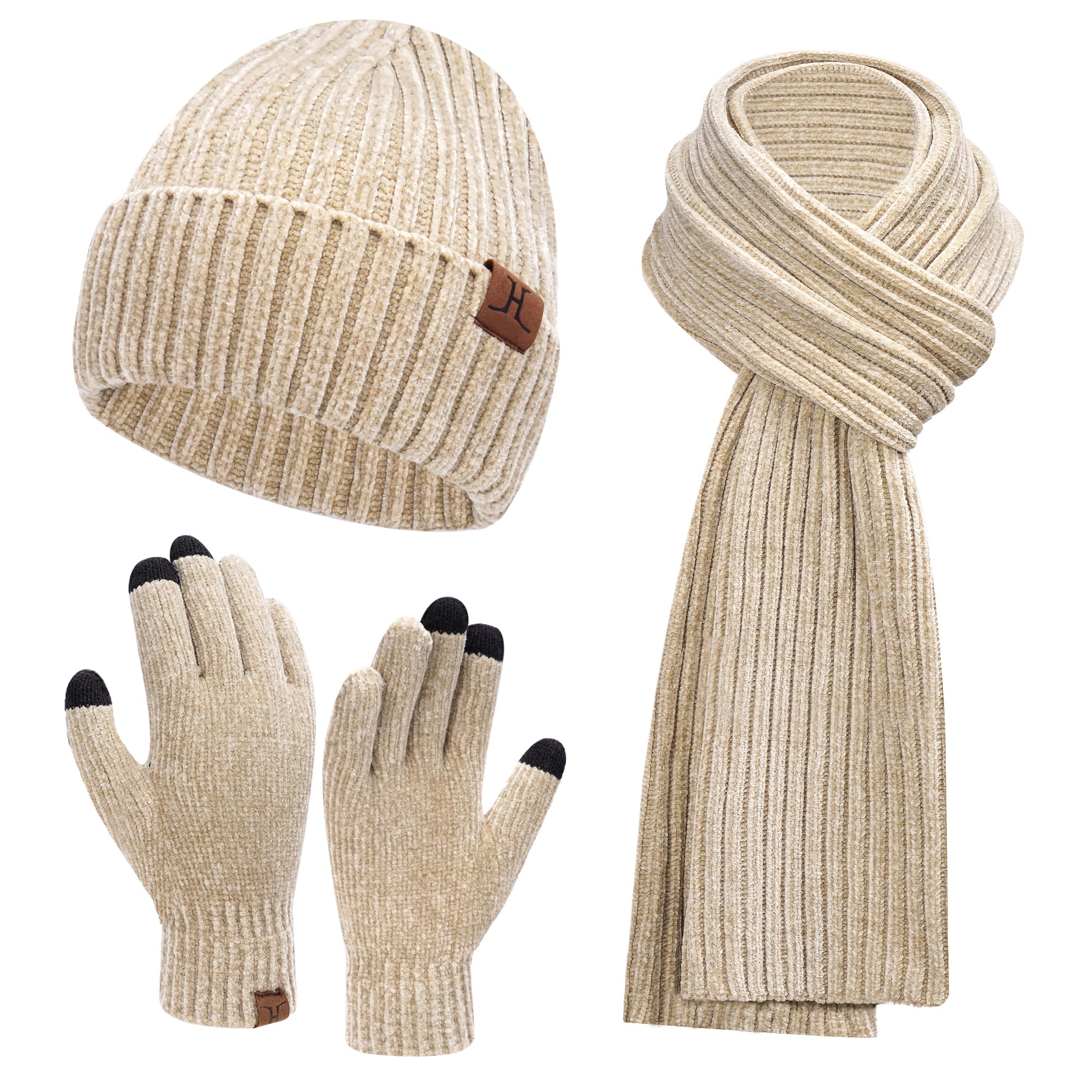 Womens Winter Knit Warm Hat Beanie Long Scarf Touch Screen Gloves Set Skull Caps Neck Scarves for Wo