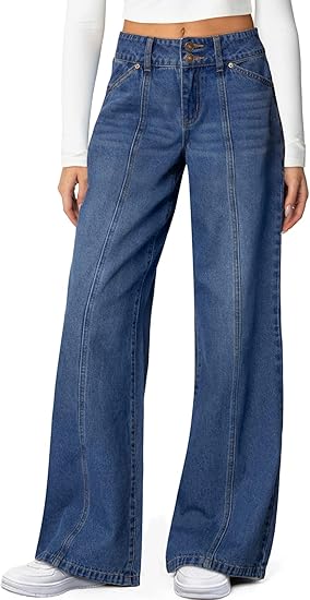 Women's Wide Leg Jeans High Waisted Stretchy Straight Leg Jeans Trendy Seamed Front Loose Denim Pants