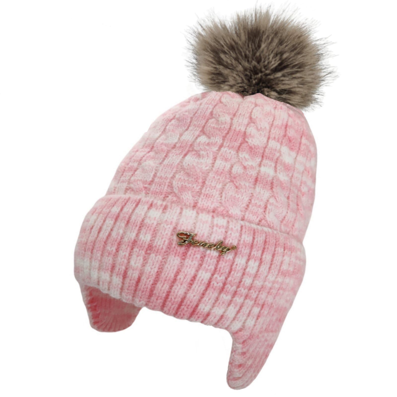 Women's knitted warm brimless hat for winter, with cashmere inner layer, thick and warm snow cap featuring fluffy pompoms