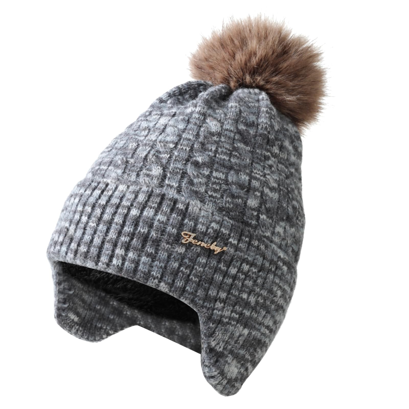 Women's knitted warm brimless hat for winter, with cashmere inner layer, thick and warm snow cap featuring fluffy pompoms