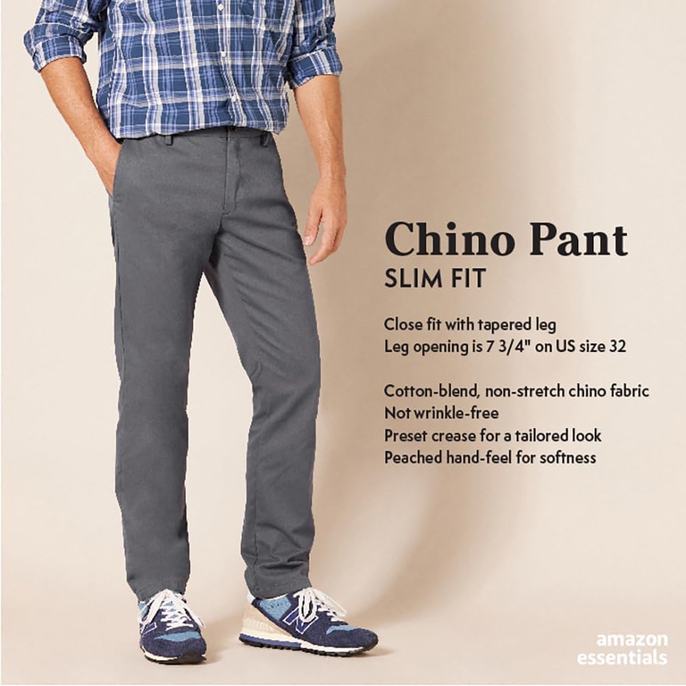 Essentials Mens Slim-Fit Wrinkle-Resistant Flat-Front Chino Pant