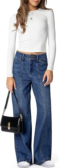 Women's Wide Leg Jeans High Waisted Stretchy Straight Leg Jeans Trendy Seamed Front Loose Denim Pants