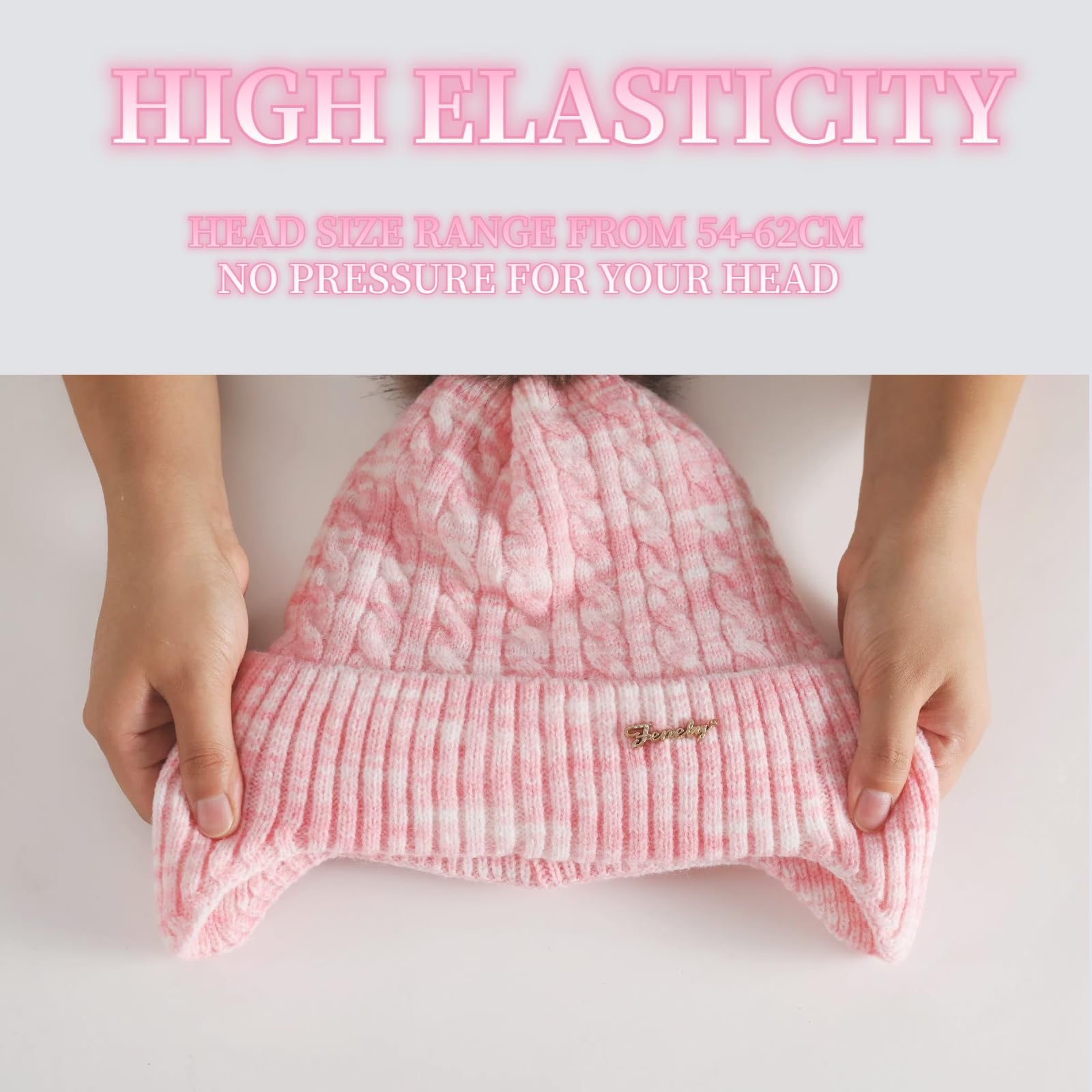 Women's knitted warm brimless hat for winter, with cashmere inner layer, thick and warm snow cap featuring fluffy pompoms