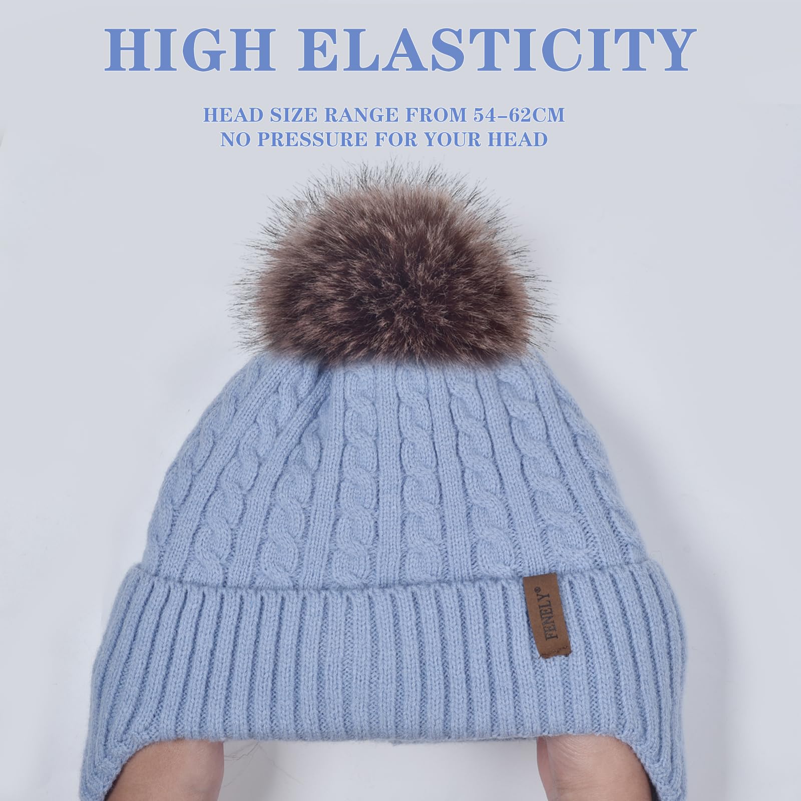 Women's knitted warm brimless hat for winter, with cashmere inner layer, thick and warm snow cap featuring fluffy pompoms