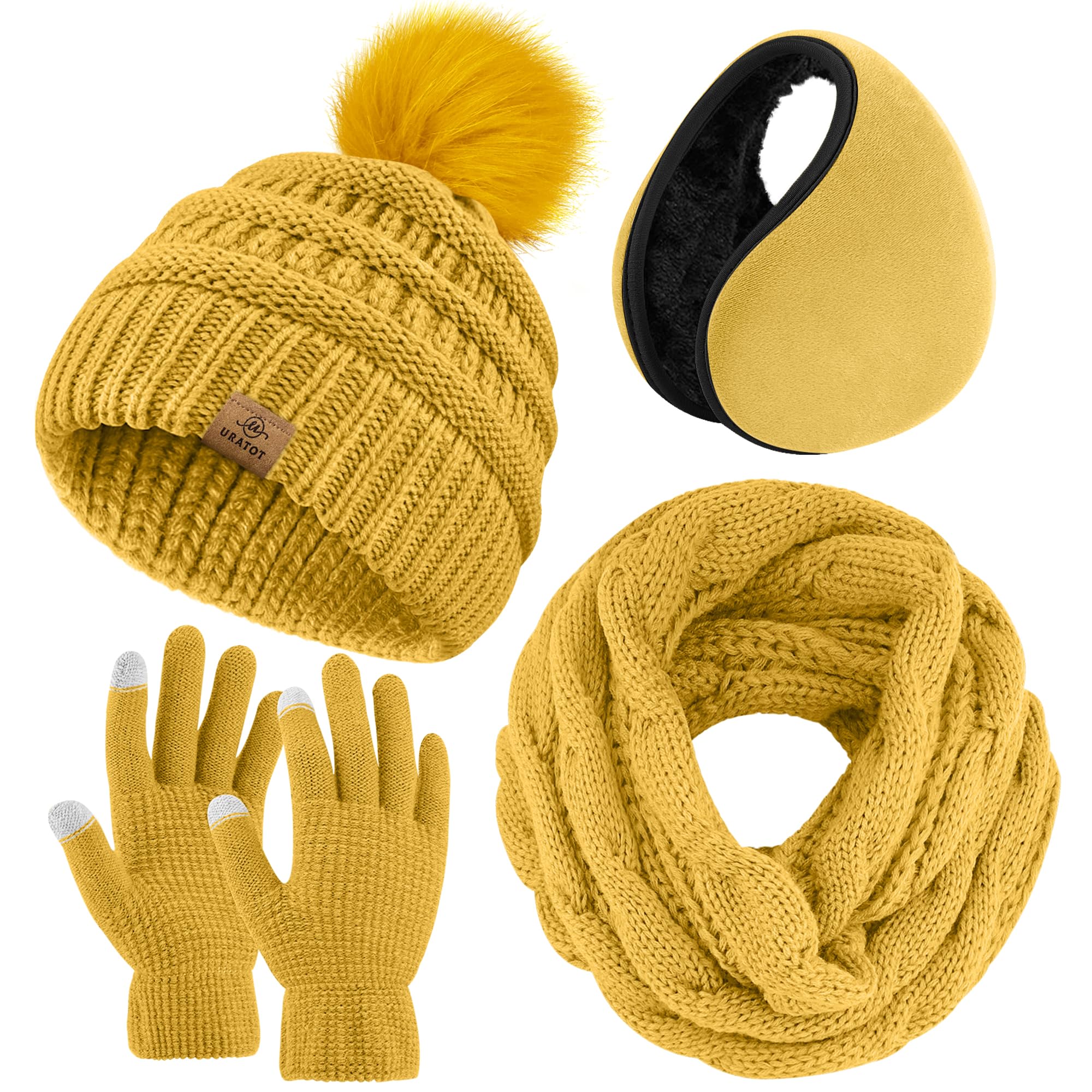 4-In-1 Winter Warm Sets Knitted Scarf Touch Screen Gloves Beanie Pompom Hat and Winter Ear Wa