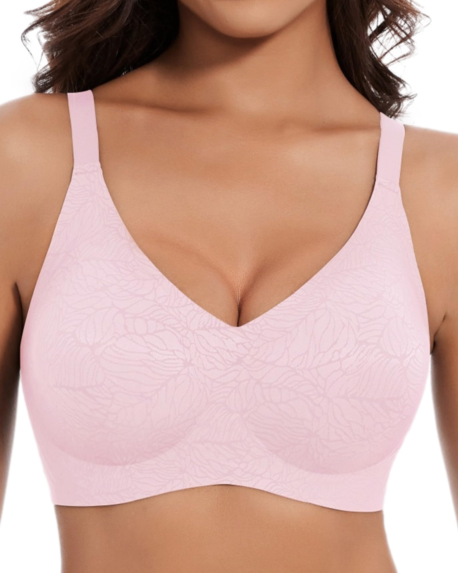 Womens Seamless Bras No Underwire Push Up V Neck Wireless Bralettes with Soft Support Full Coverage Floral Bra
