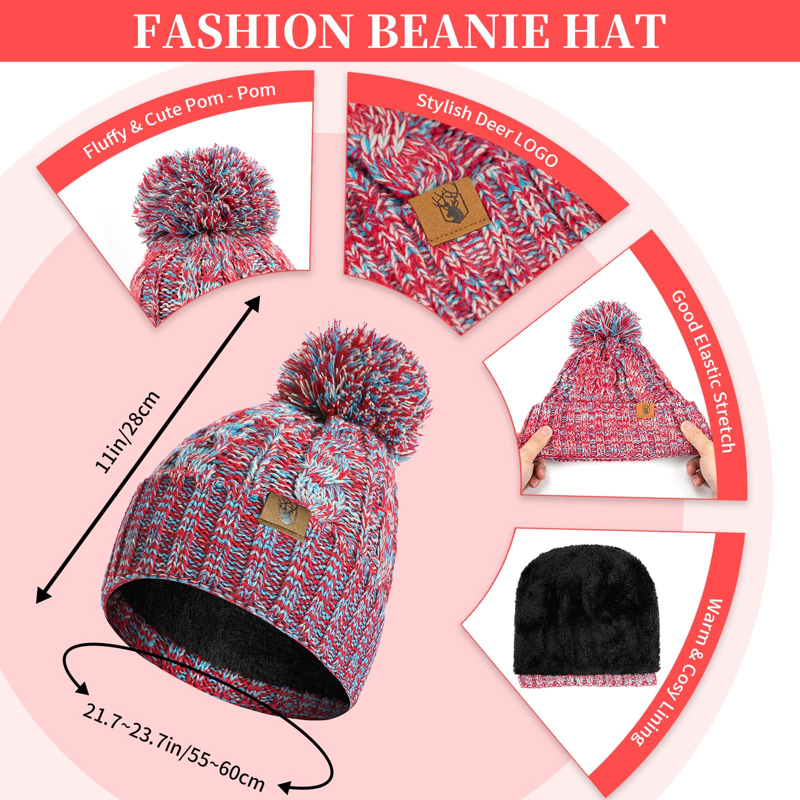 Winter warm unhooded hat scarf and touchscreen glove set for women - Skull hat neck scarf with wool lining