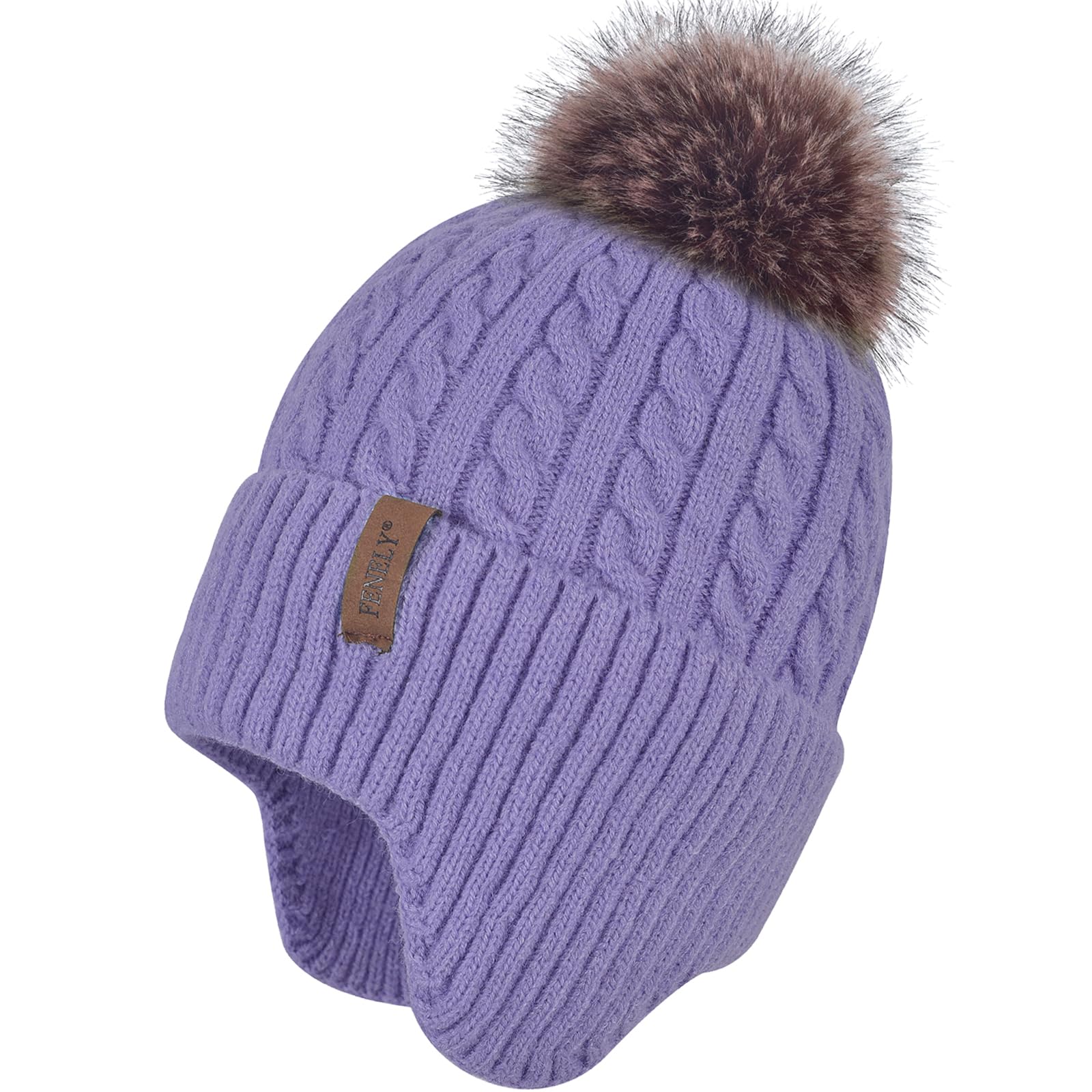 Women's knitted warm brimless hat for winter, with cashmere inner layer, thick and warm snow cap featuring fluffy pompoms