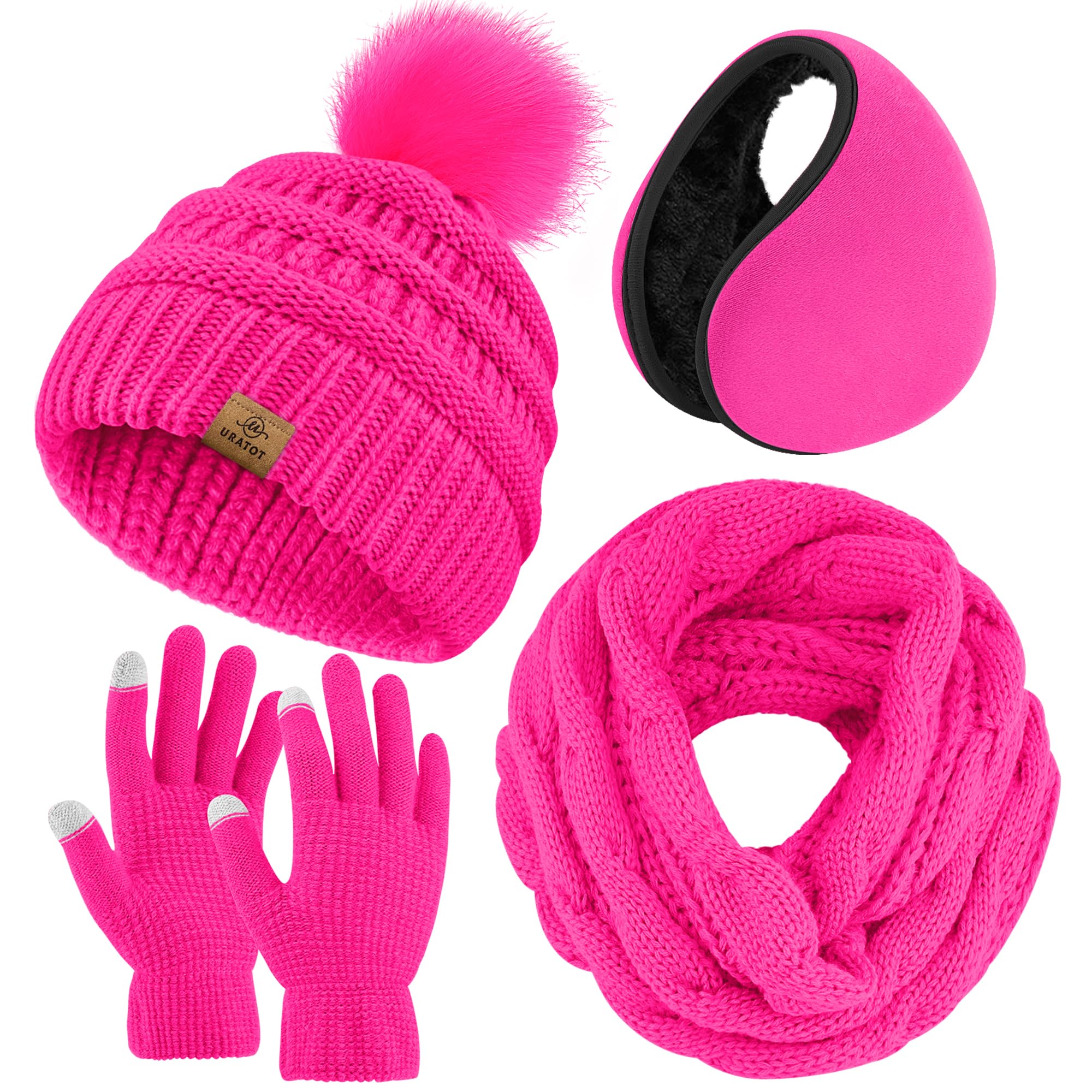 4-In-1 Winter Warm Sets Knitted Scarf Touch Screen Gloves Beanie Pompom Hat and Winter Ear Wa