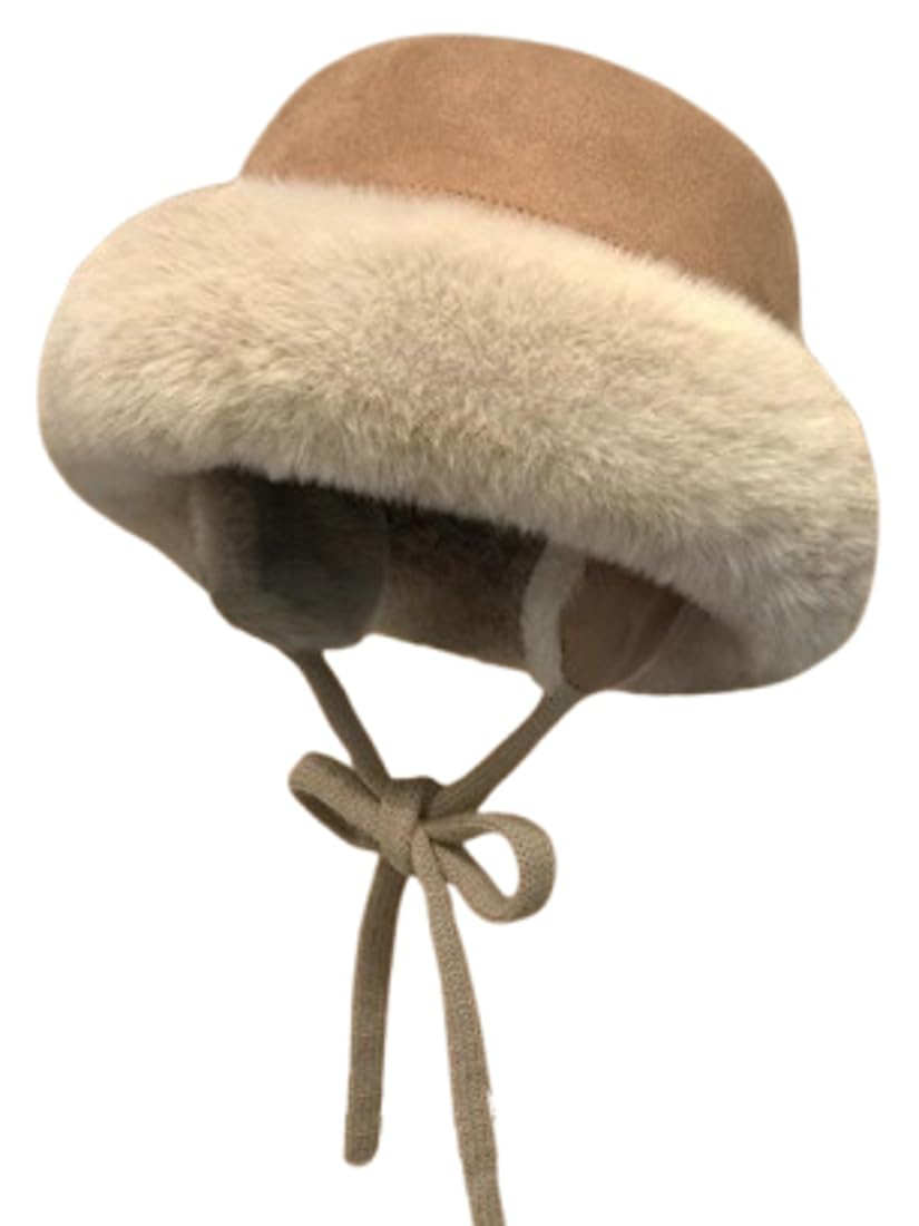Winter suede boater hat with earflaps for ladies and gentlemen, plush faux fur boater hat without brim, no-top hat, bell-shaped pilot hat
