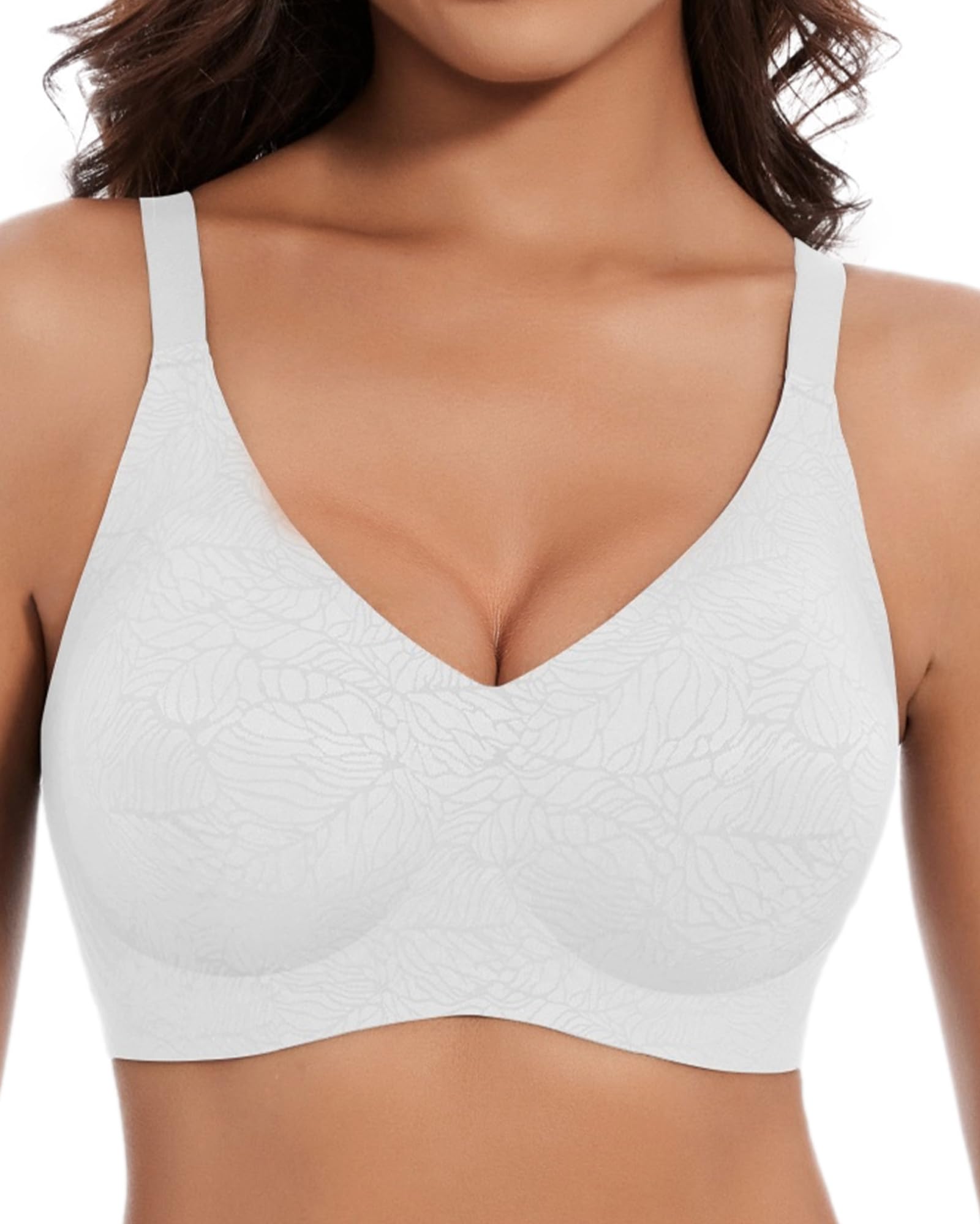 Womens Seamless Bras No Underwire Push Up V Neck Wireless Bralettes with Soft Support Full Coverage Floral Bra