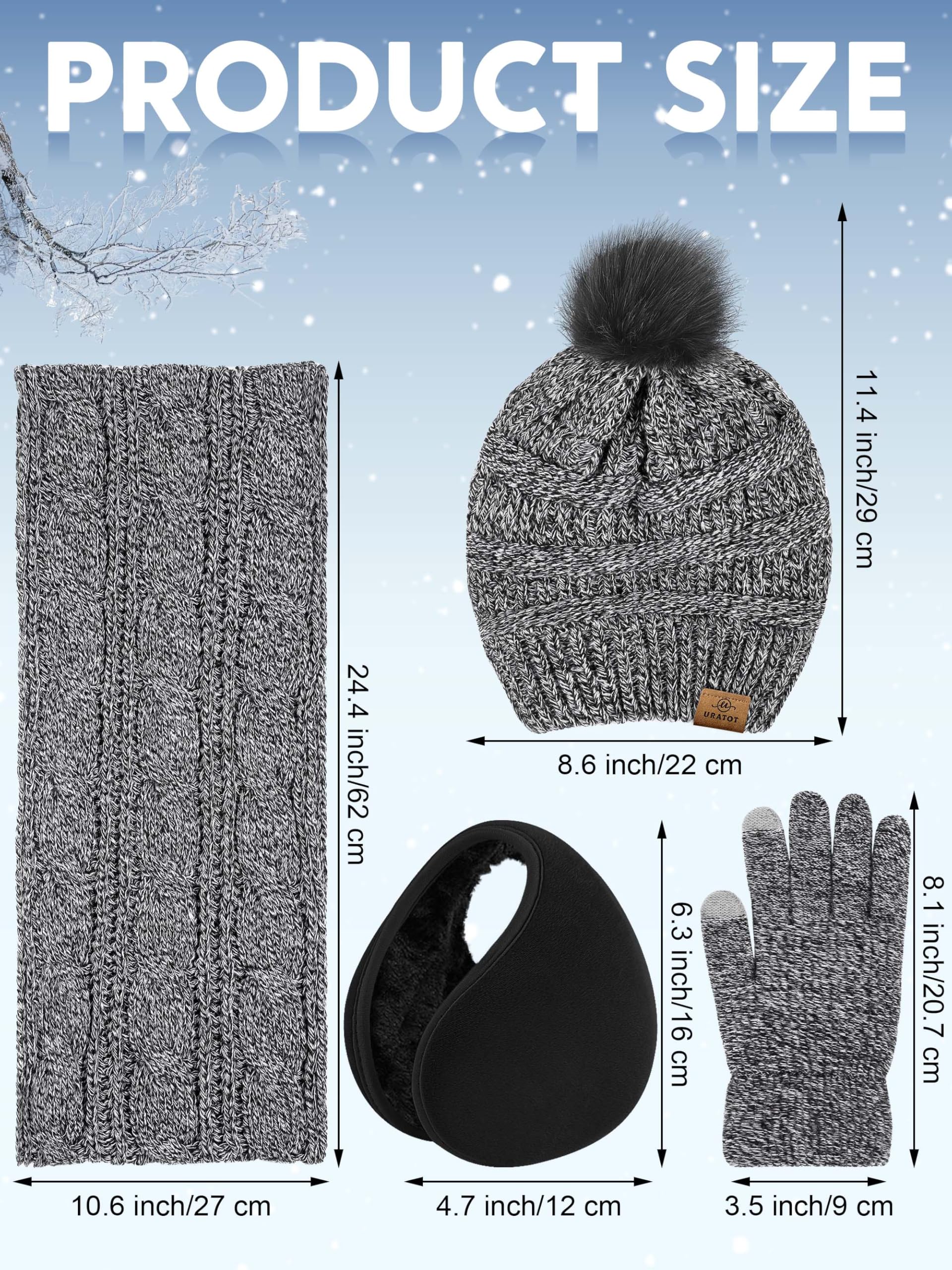 4-In-1 Winter Warm Sets Knitted Scarf Touch Screen Gloves Beanie Pompom Hat and Winter Ear Wa