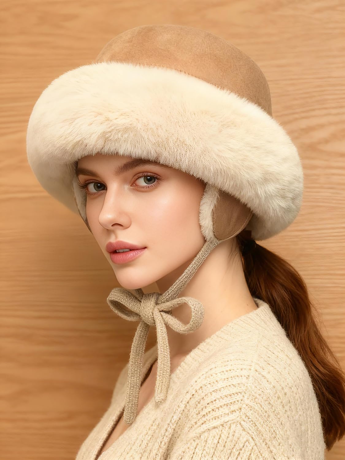 Winter suede boater hat with earflaps for ladies and gentlemen, plush faux fur boater hat without brim, no-top hat, bell-shaped pilot hat