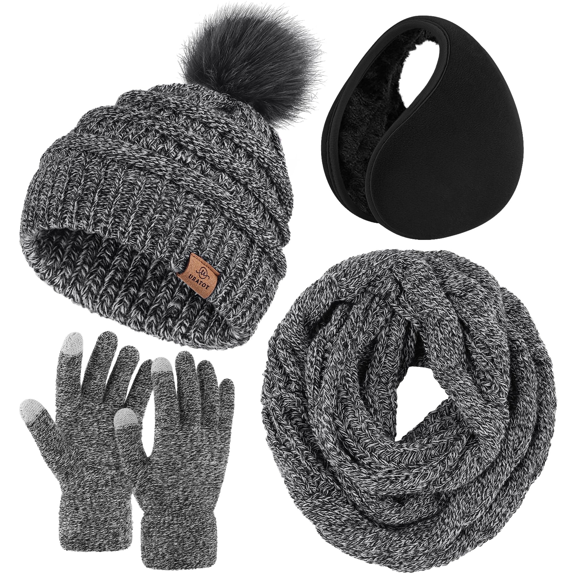 4-In-1 Winter Warm Sets Knitted Scarf Touch Screen Gloves Beanie Pompom Hat and Winter Ear Wa