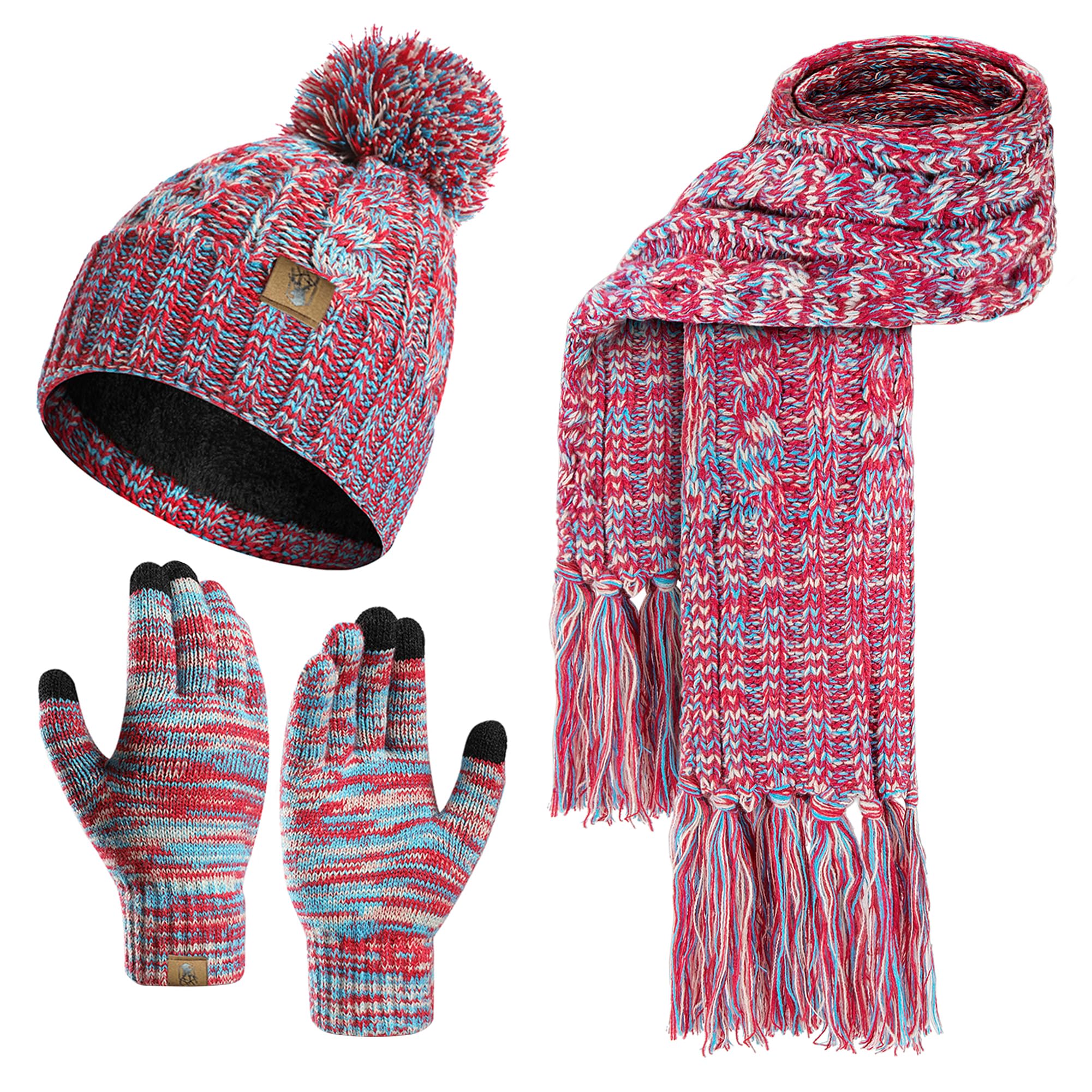 Winter warm unhooded hat scarf and touchscreen glove set for women - Skull hat neck scarf with wool lining