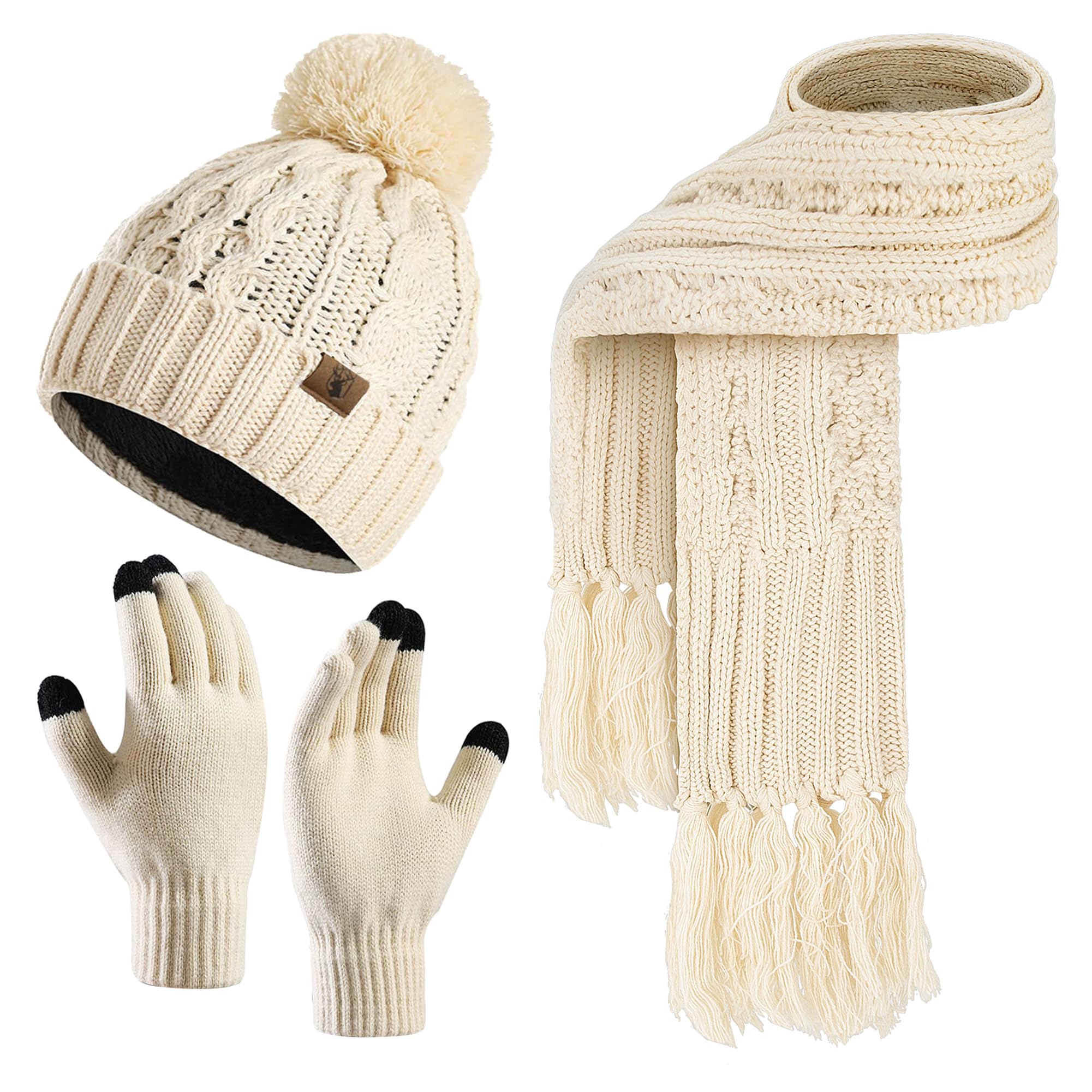 Winter warm unhooded hat scarf and touchscreen glove set for women - Skull hat neck scarf with wool lining