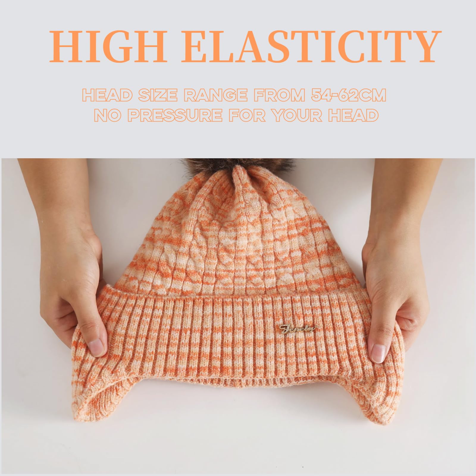 Women's knitted warm brimless hat for winter, with cashmere inner layer, thick and warm snow cap featuring fluffy pompoms