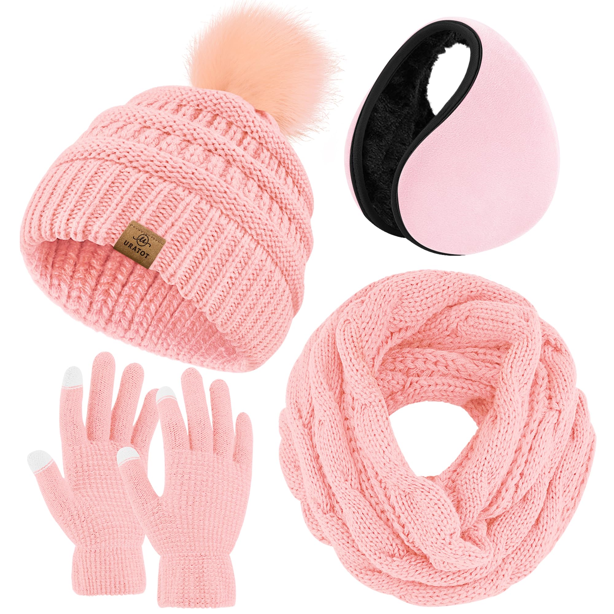 4-In-1 Winter Warm Sets Knitted Scarf Touch Screen Gloves Beanie Pompom Hat and Winter Ear Wa