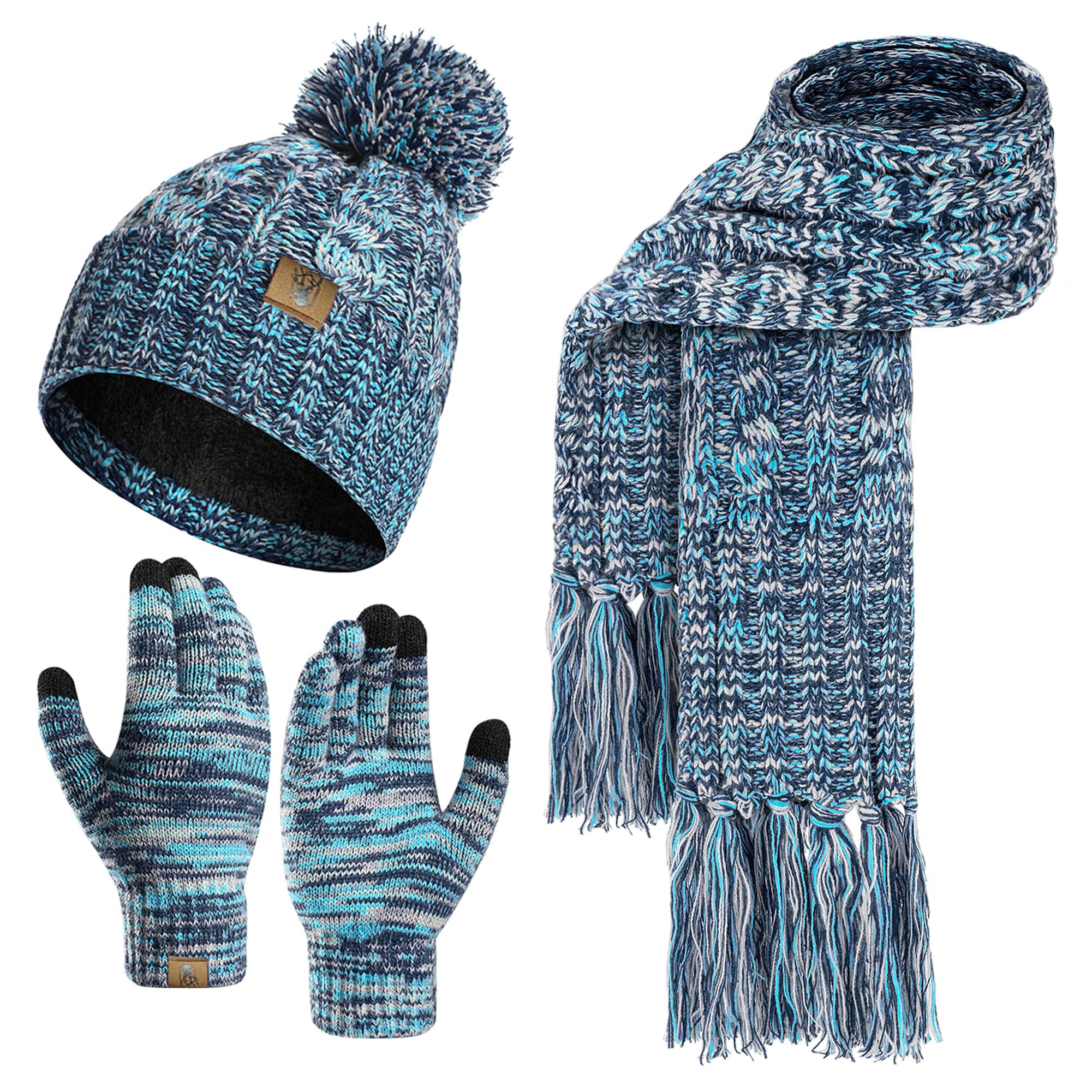 Winter warm unhooded hat scarf and touchscreen glove set for women - Skull hat neck scarf with wool lining