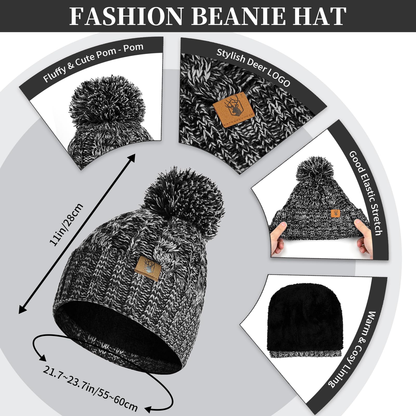 Winter warm unhooded hat scarf and touchscreen glove set for women - Skull hat neck scarf with wool lining