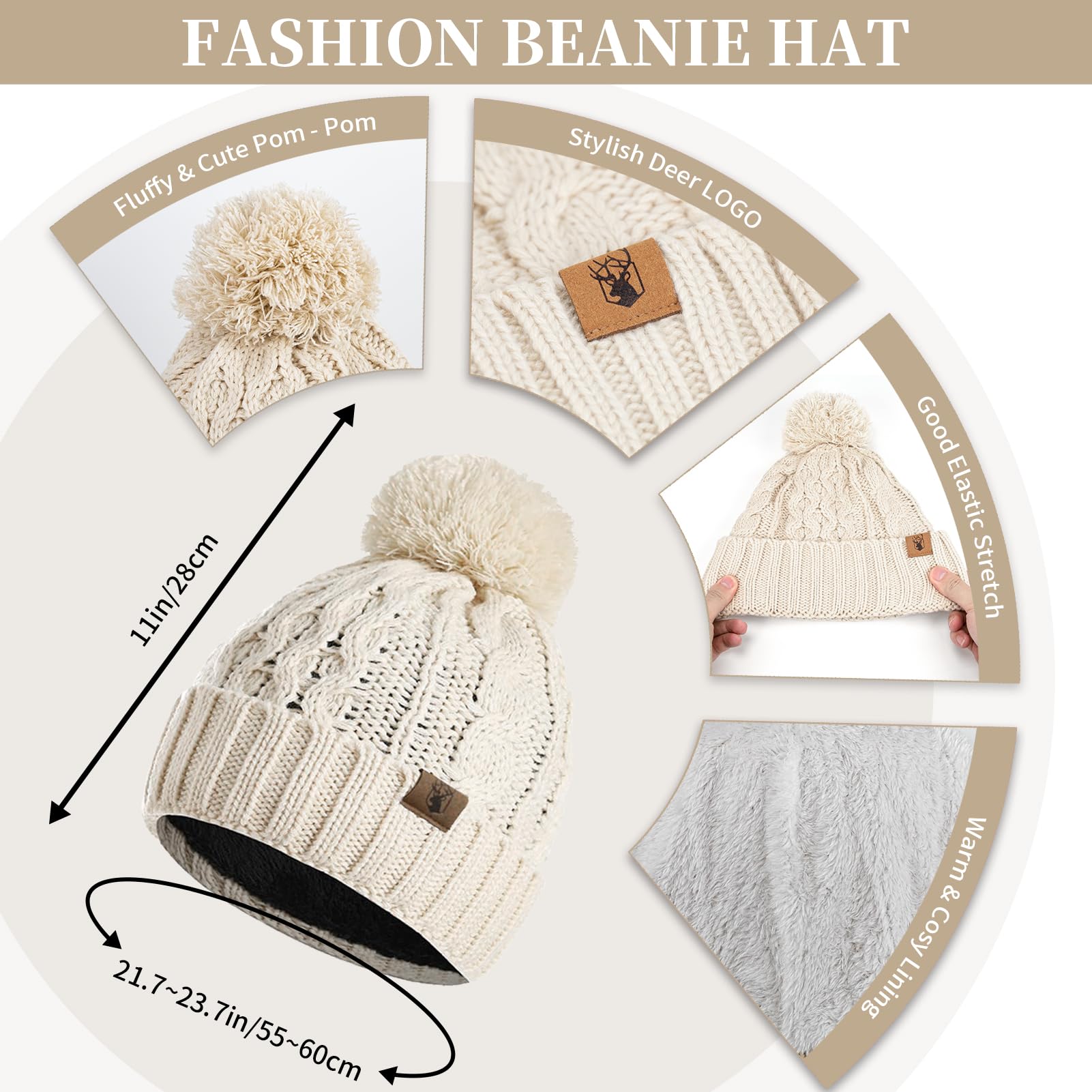 Winter warm unhooded hat scarf and touchscreen glove set for women - Skull hat neck scarf with wool lining