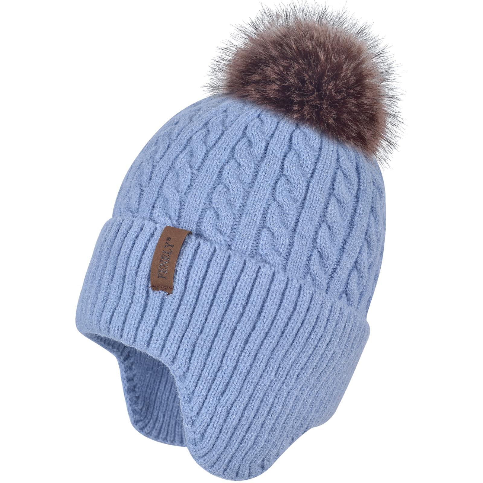 Women's knitted warm brimless hat for winter, with cashmere inner layer, thick and warm snow cap featuring fluffy pompoms