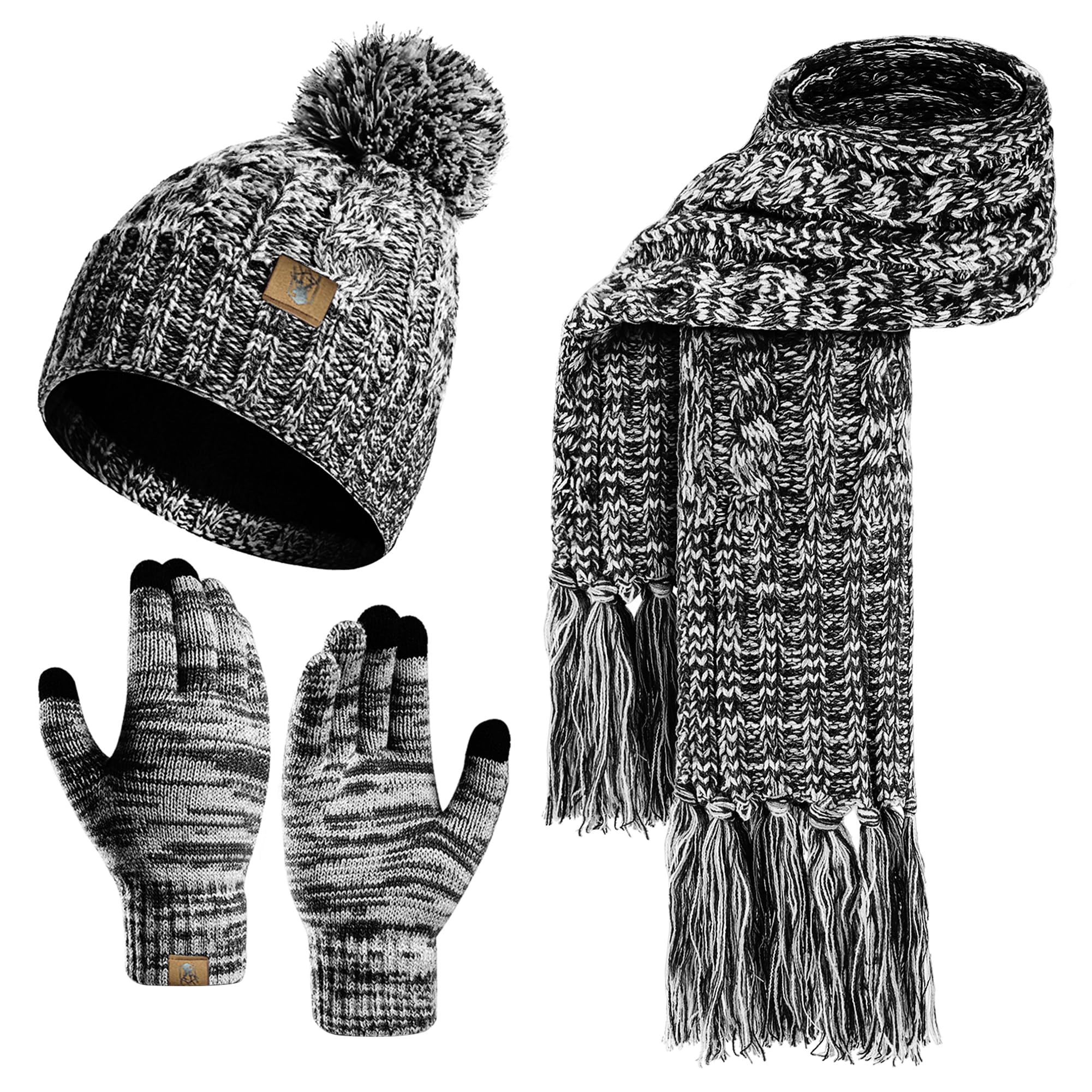 Winter warm unhooded hat scarf and touchscreen glove set for women - Skull hat neck scarf with wool lining