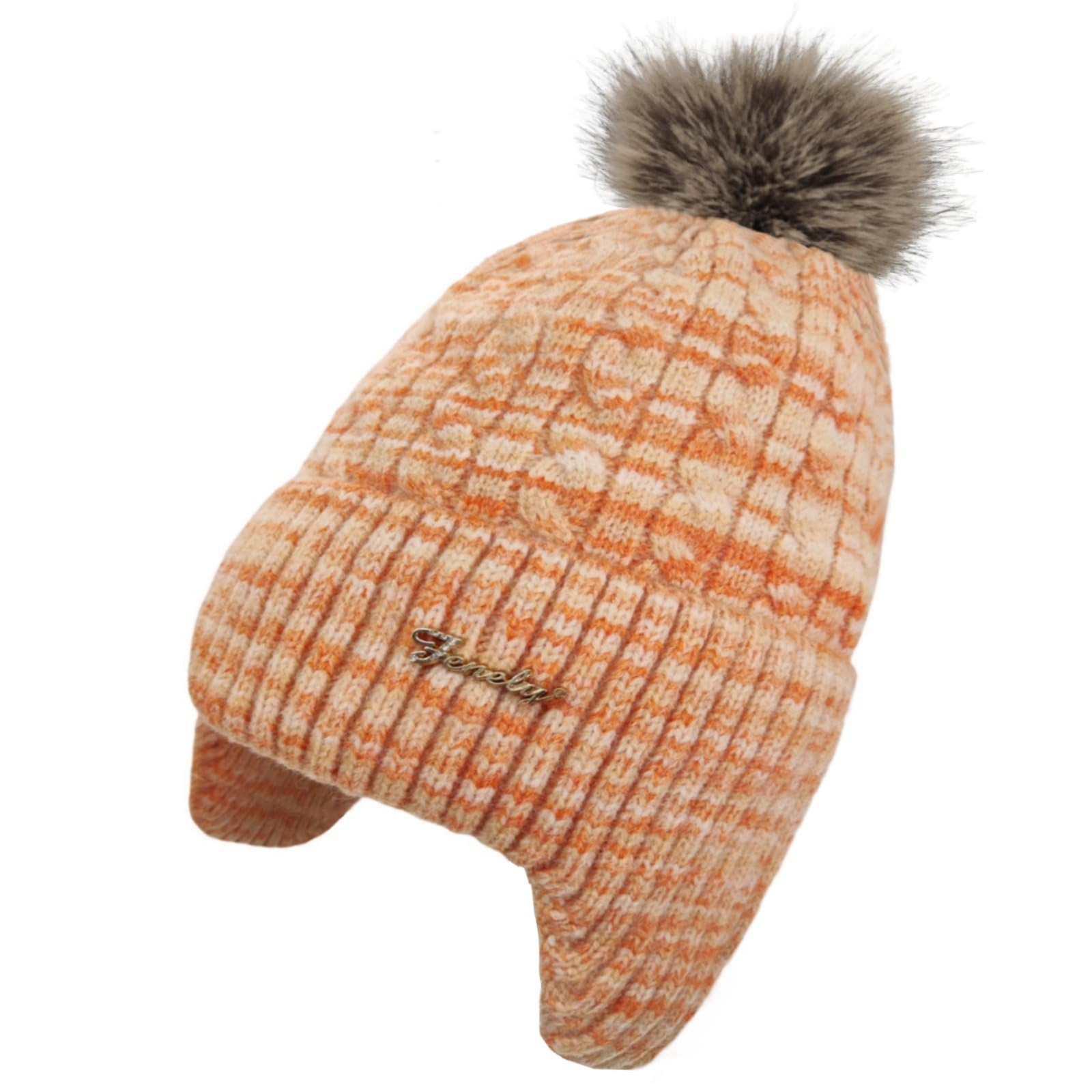 Women's knitted warm brimless hat for winter, with cashmere inner layer, thick and warm snow cap featuring fluffy pompoms