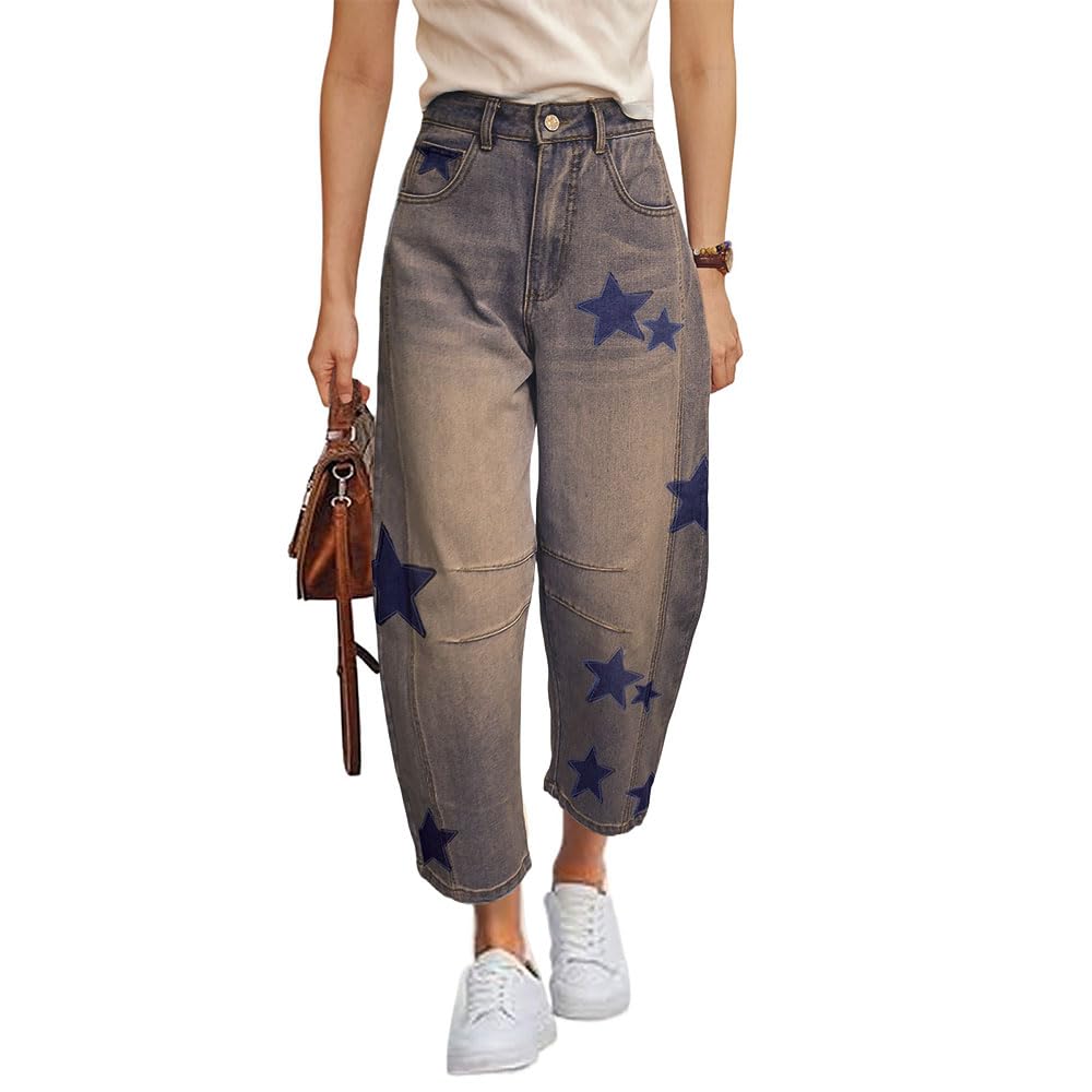 Barrel Jeans for Women Baggy Star Printed Horseshoe Jeans Mid Rise Wide Leg Cropped Ankle Denim Pants