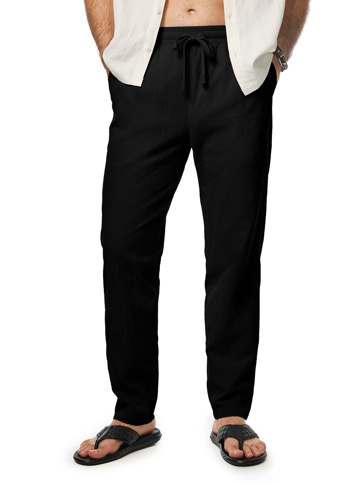 Mens Cotton Casual Trousers Elastic Waist Drawstring Lightweight Summer Beach Pants with Pockets