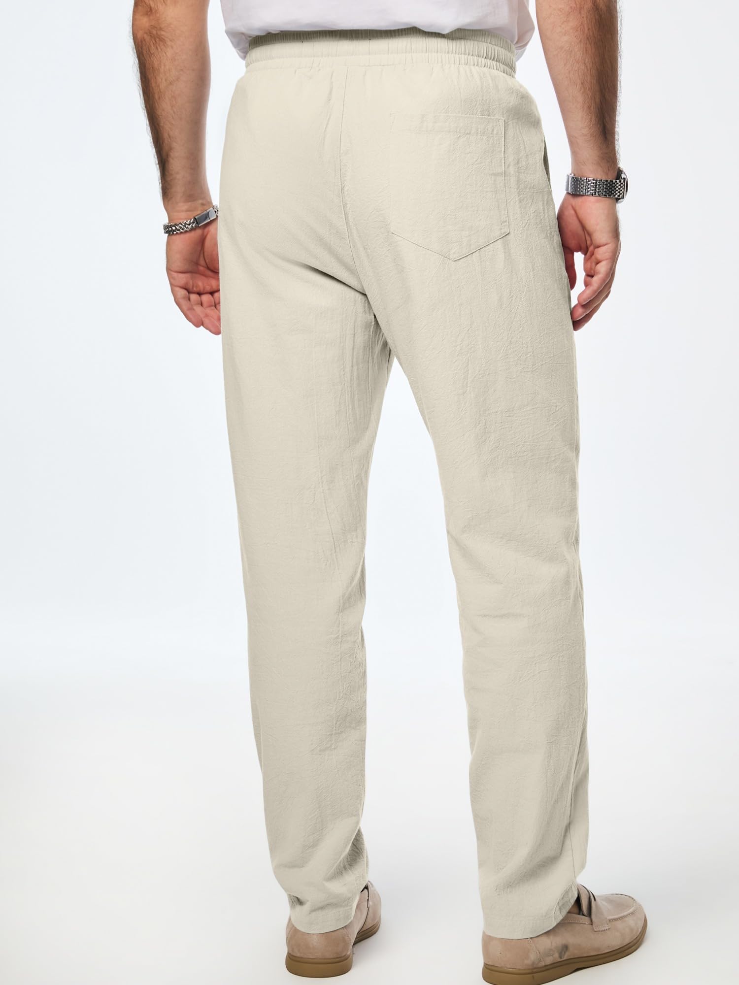 Mens Cotton Casual Trousers Elastic Waist Drawstring Lightweight Summer Beach Pants with Pockets