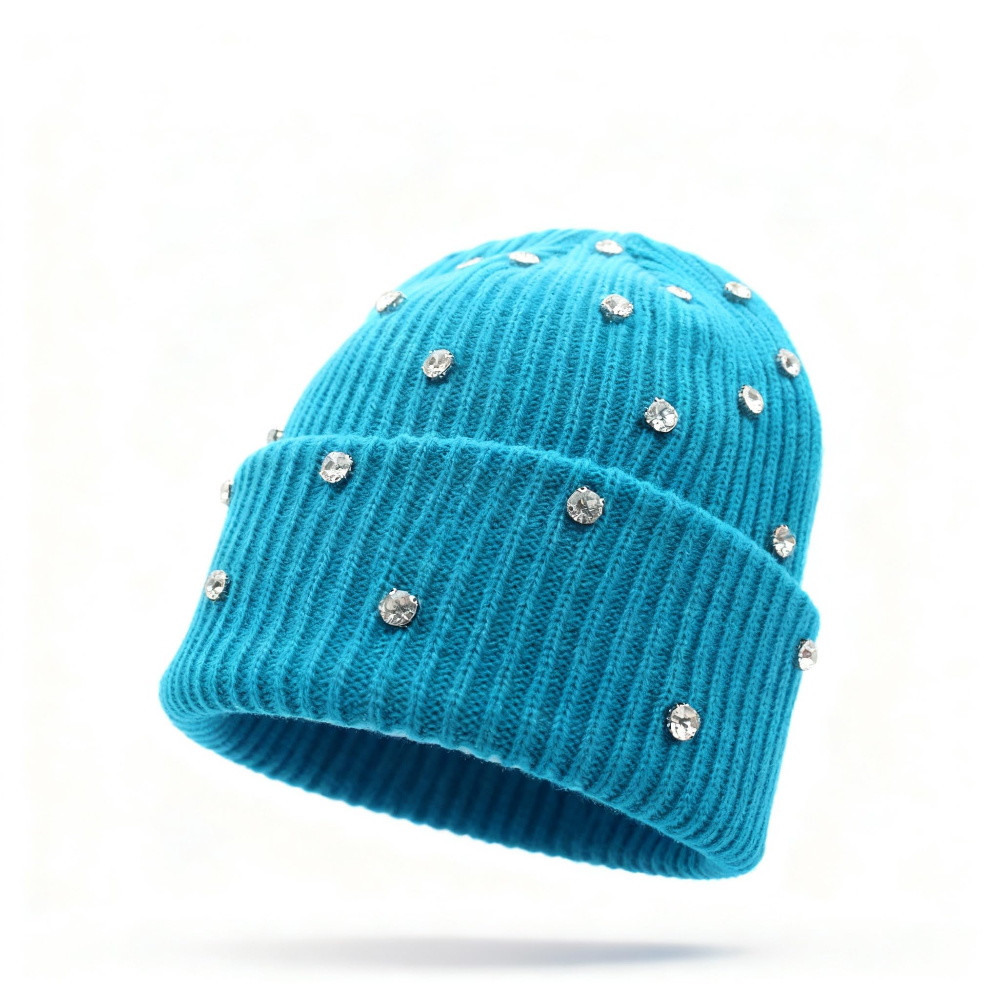 Women's knitted brimless hat - soft, casual and warm with frilled brim. Women's winter hat with rhinestones. Women's skull cap