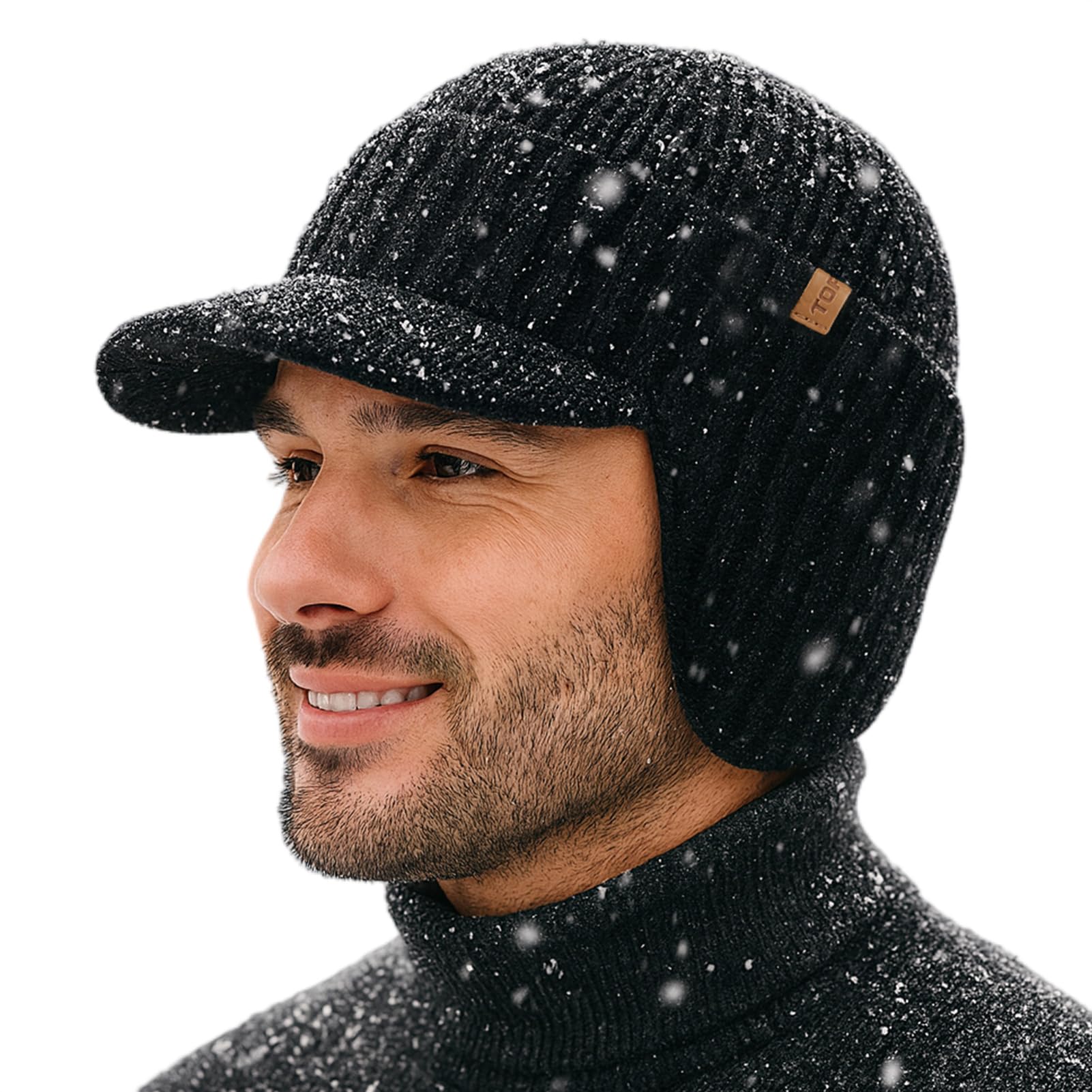 Waterproof Merino wool unhooded hat with brim and ear cover, wool lining for comfort, suitable for cold weather and large heads