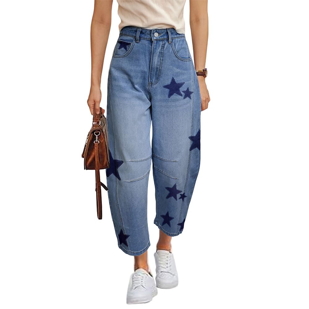 Barrel Jeans for Women Baggy Star Printed Horseshoe Jeans Mid Rise Wide Leg Cropped Ankle Denim Pants