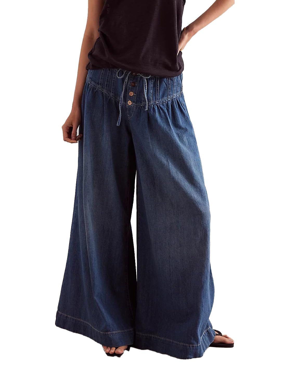 Loose Wide Leg Denim Trousers Midi Waist Drawstring Palazzo Jeans Button Down Flare Ruffle Pleated Denim Jeans