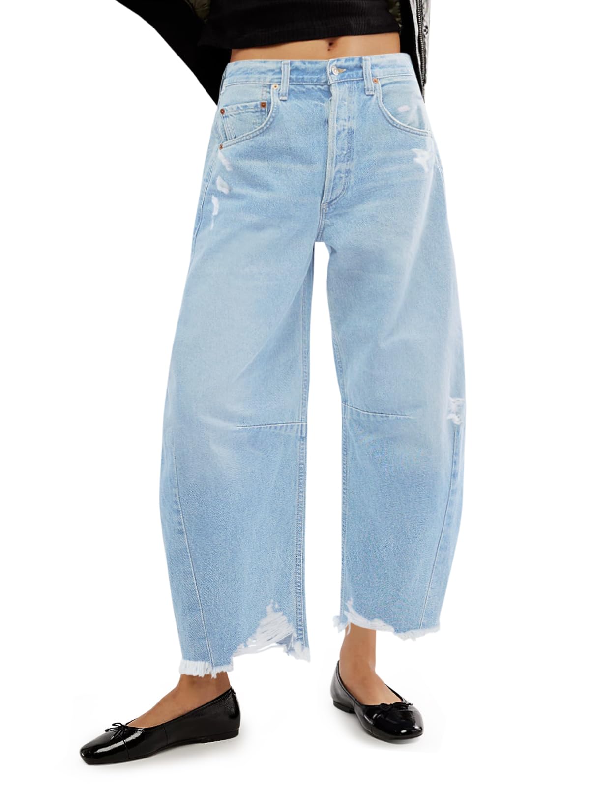 Women's Baggy Wide Leg Jeans Barrel Horseshoe Boyfriend Cropped Raw Hem Denim Pants