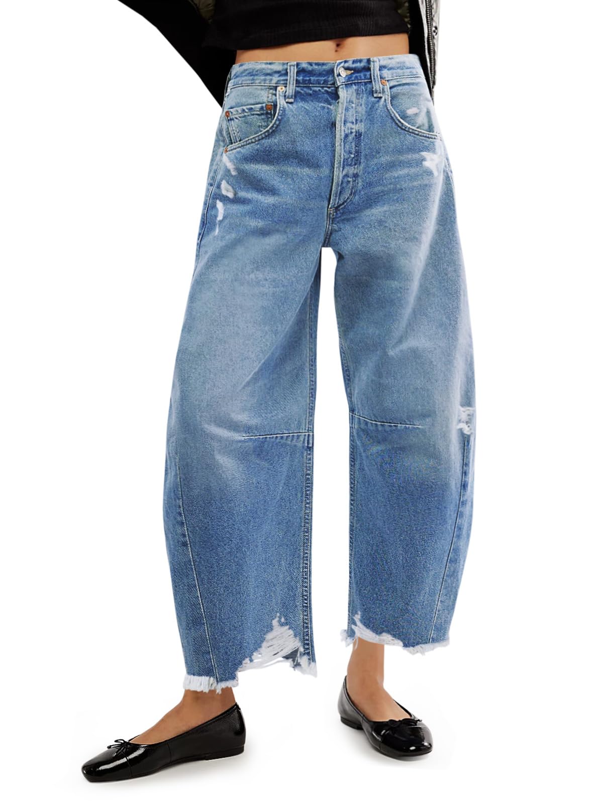 Women's Baggy Wide Leg Jeans Barrel Horseshoe Boyfriend Cropped Raw Hem Denim Pants